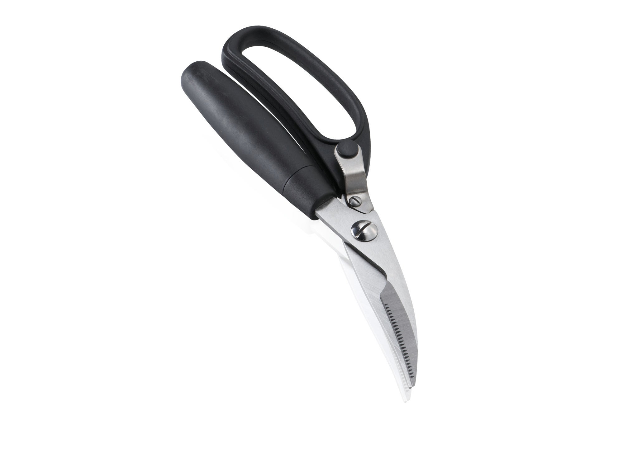 Poultry shears with ergonomic handle and serrated blade, ideal for cutting poultry. The shears are robust and offer precise cuts for easy handling.