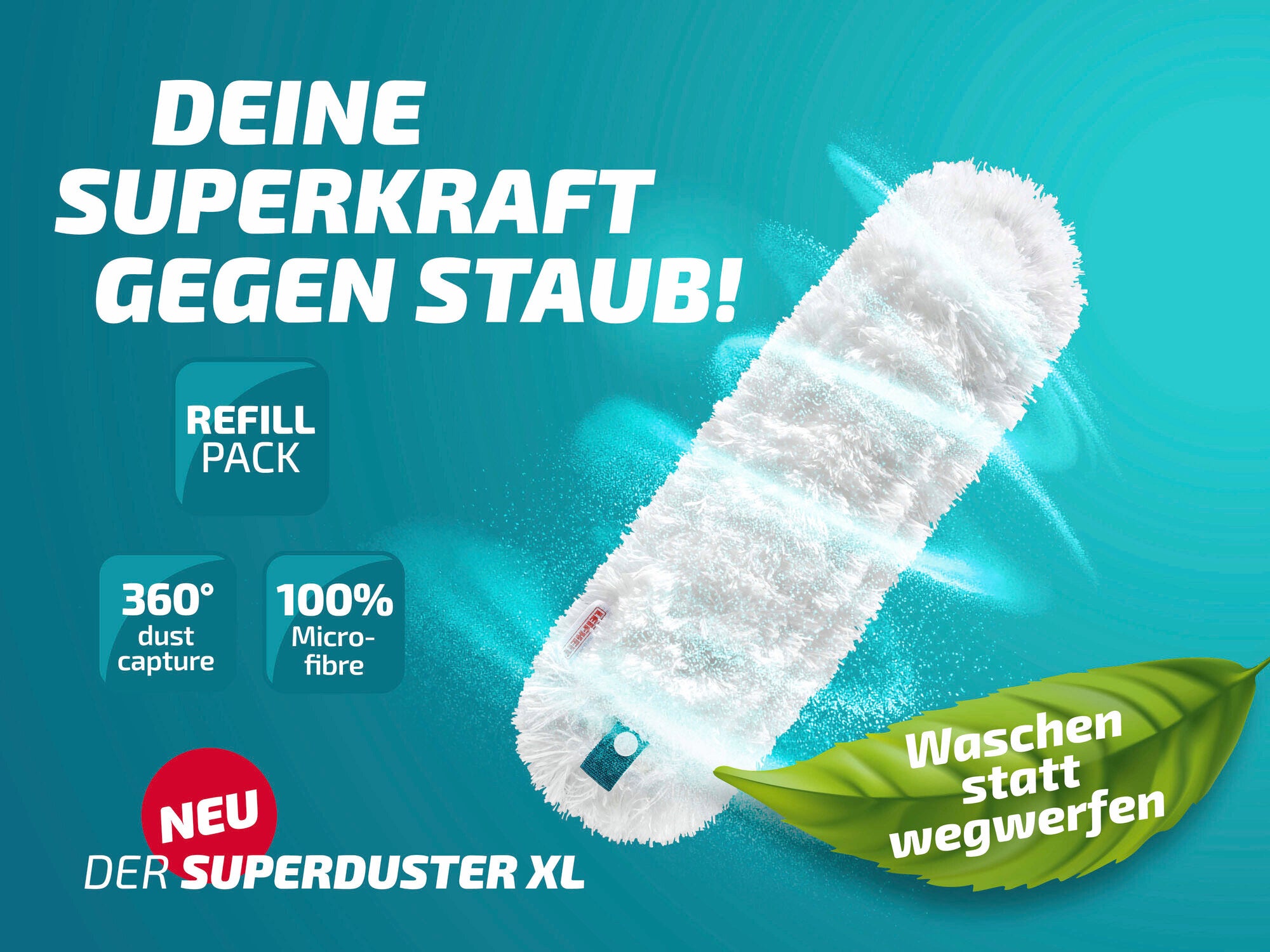 Der Leifheit Superduster XL Staubbezug ist ein weißer, rechteckiger Mikrofaserbezug. Er bietet 360-Grad-Staubaufnahme und ist waschbar, um Abfall zu reduzieren. Ideal für effiziente Reinigung.