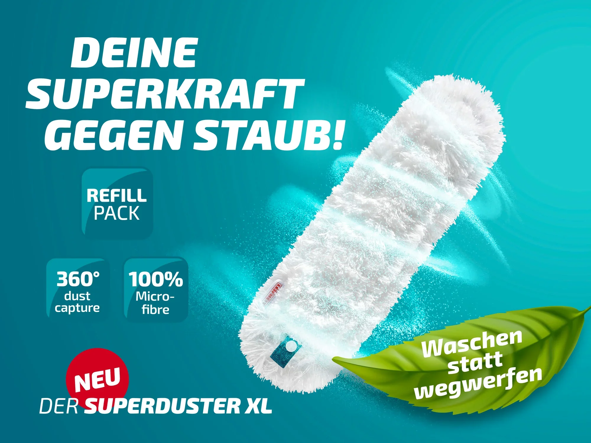 Der Leifheit Superduster XL Staubbezug ist ein weißer, rechteckiger Mikrofaserbezug. Er bietet 360-Grad-Staubaufnahme und ist waschbar, um Abfall zu reduzieren. Ideal für effiziente Reinigung.