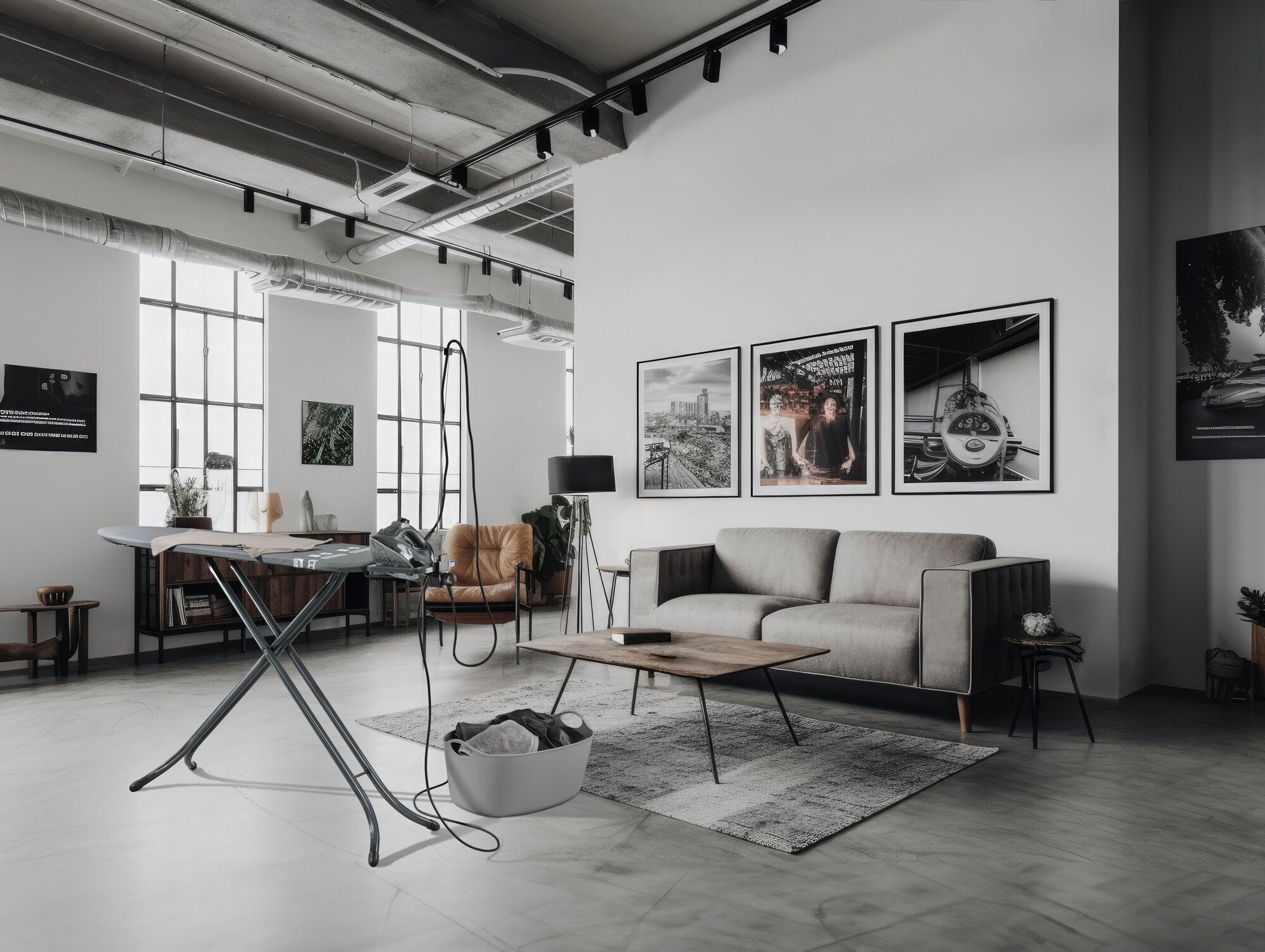 Air Board M Black Plus strijkplank in een moderne woonkamer. De plank staat naast een grijze bank en een salontafel, omringd door stijlvolle posters en grote ramen.