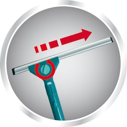 WetDry raamwisser met telescopische steel in actie. De wisser toont een beweging met een rode pijl, wat de flexibele toepassing en eenvoudige bediening benadrukt.