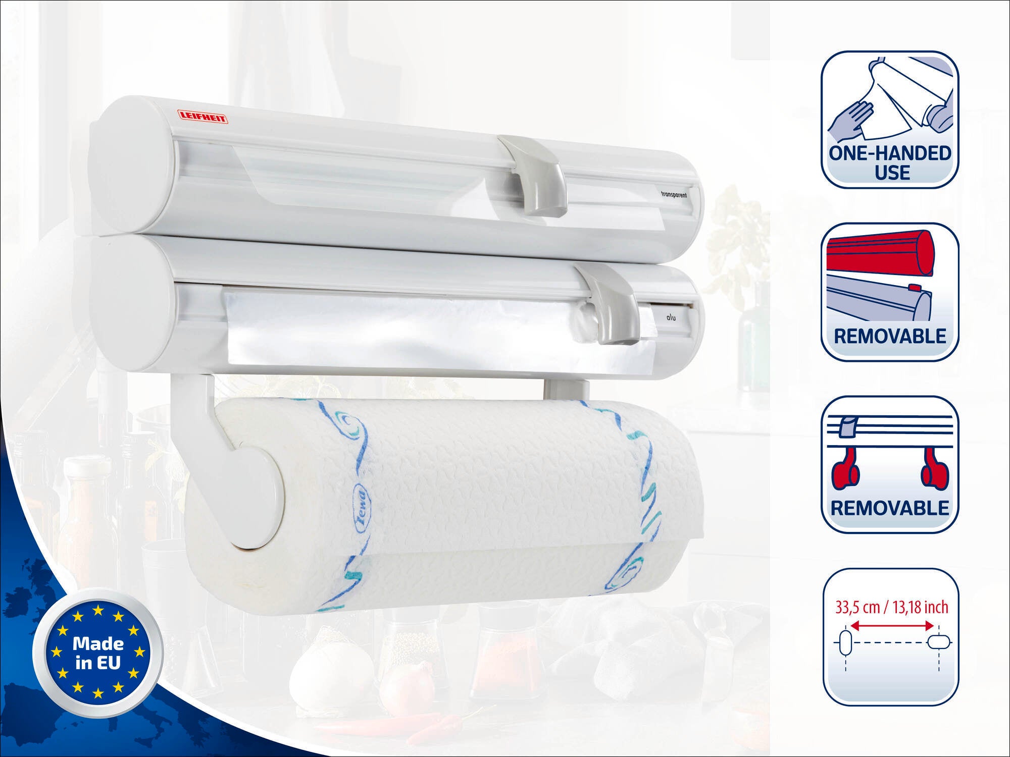 Le support mural pour rouleaux Leifheit est un accessoire de cuisine pratique qui offre de la place pour le film alimentaire et le papier essuie-tout. Il permet une utilisation facile d'une seule main et est amovible. Son design est compact et fonctionne