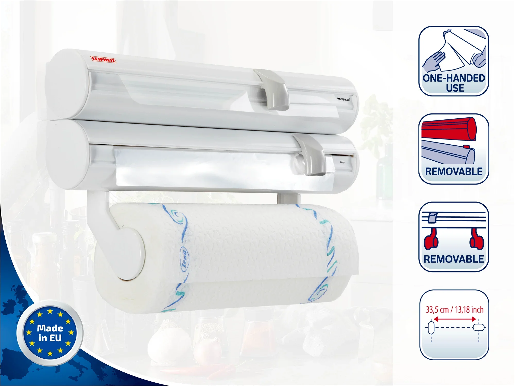 Uchwyt ścienny na rolki Leifheit to praktyczne akcesorium kuchenne, które zapewnia miejsce na folię spożywczą i papier kuchenny. Można go łatwo obsługiwać jedną ręką i jest wyjmowany. Konstrukcja jest kompaktowa i funkcjonalna, idealna do każdej kuchni.