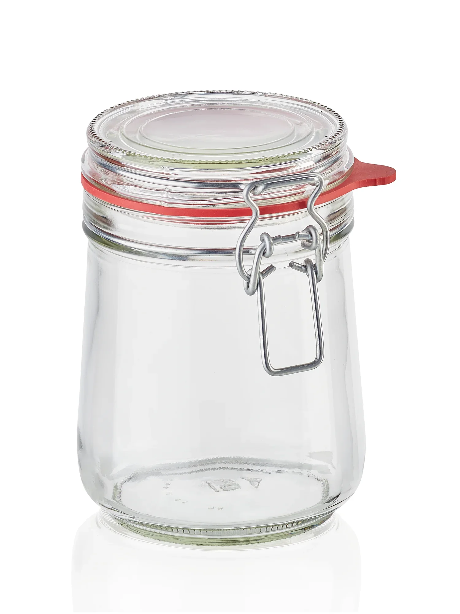 Ein transparentes Drahtbügelglas mit rotem Dichtungsring und Metallverschluss. Ideal zur Aufbewahrung von Lebensmitteln oder anderen Haushaltsgegenständen.
