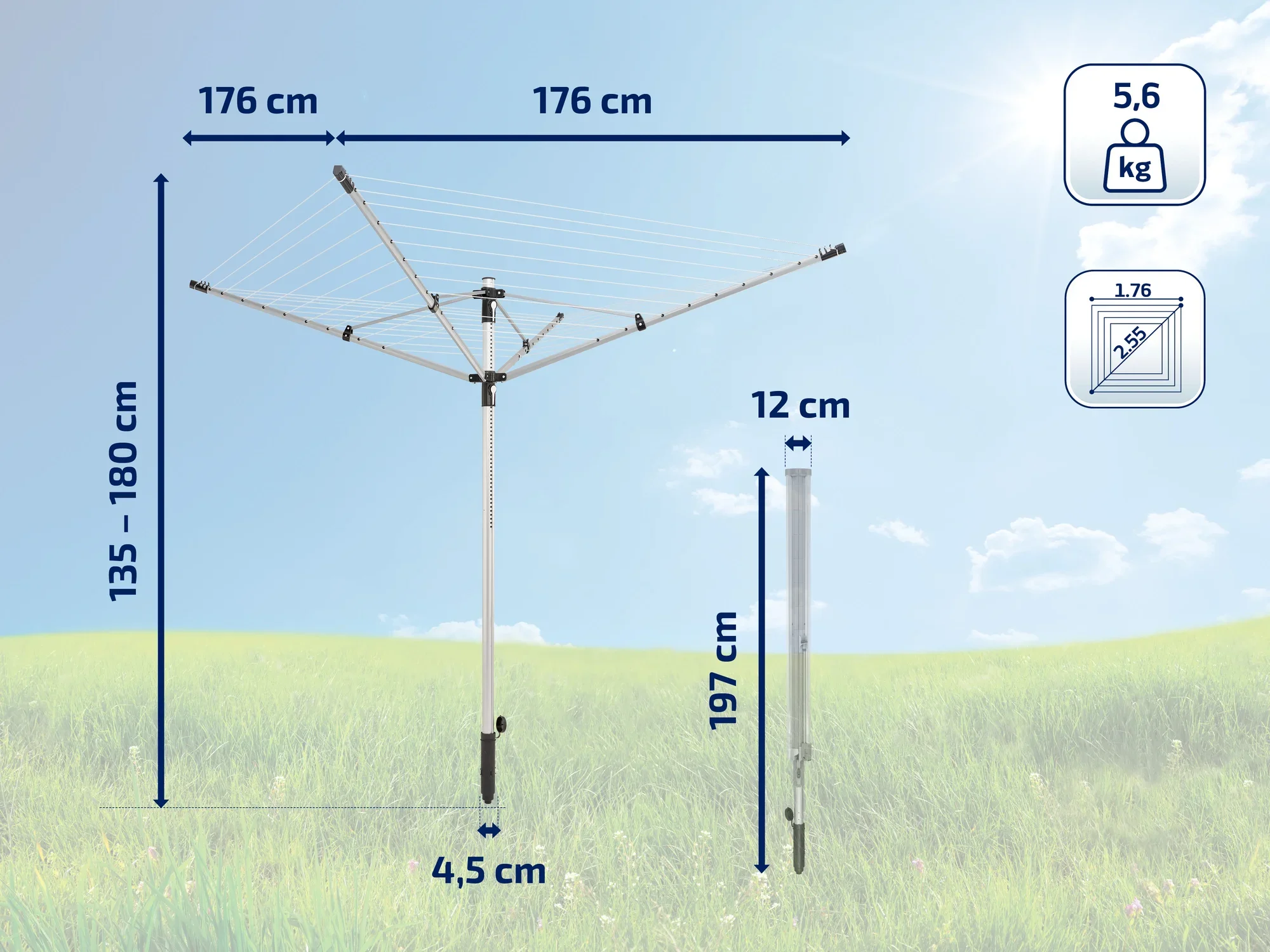 Obrotowa suszarka do ubrań o rozpiętości 176 cm i regulowanej wysokości od 135 do 180 cm. W komplecie gniazdo uziemiające o długości 197 cm. Całkowita waga 5,6 kg. Idealna do ogrodu.