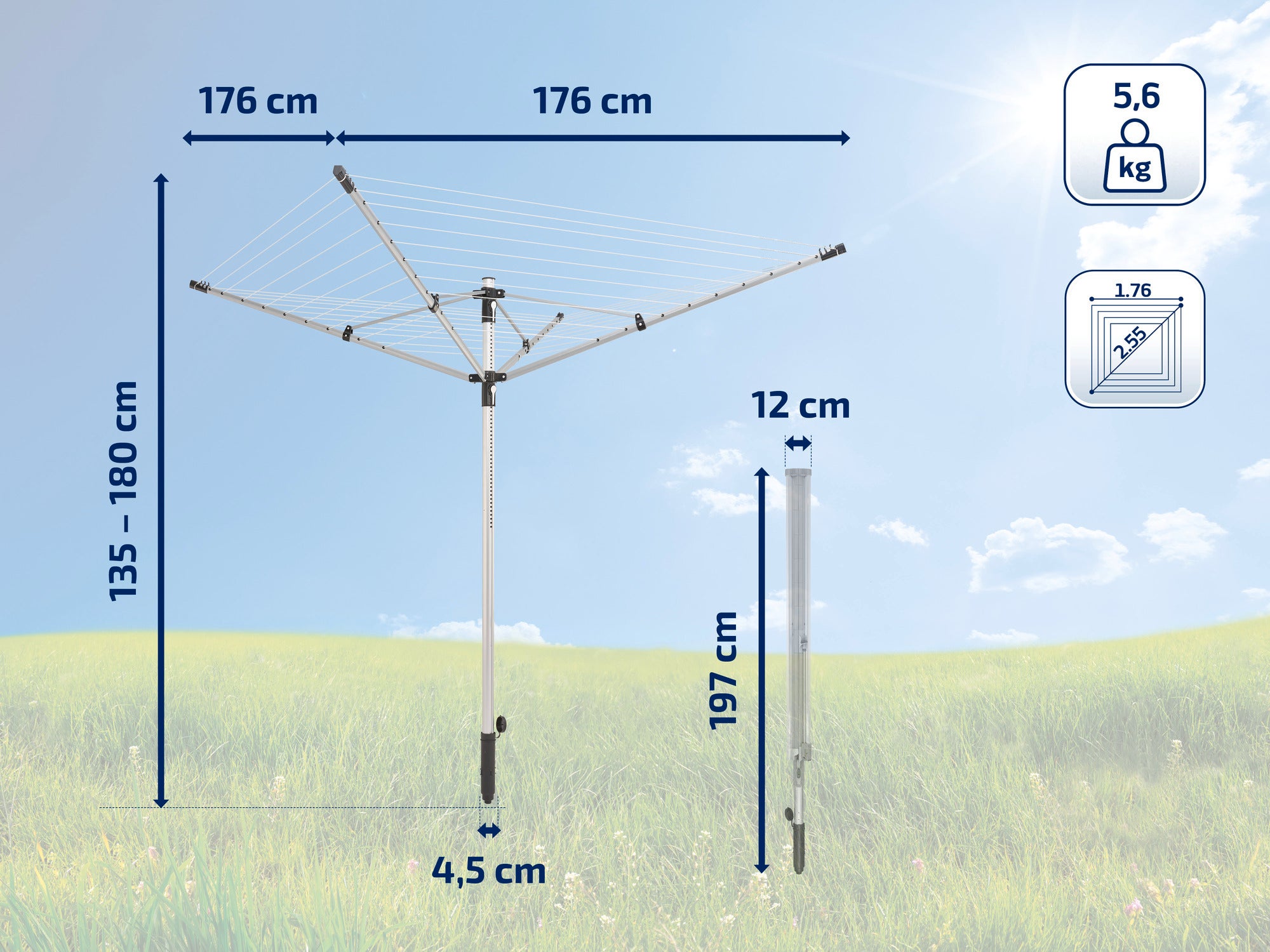 Wäschespinne mit einer Spannweite von 176 cm und höhenverstellbar von 135 bis 180 cm. Inklusive Bodenhülse mit 197 cm Länge. Gesamtgewicht 5,6 kg. Ideal für den Garten.