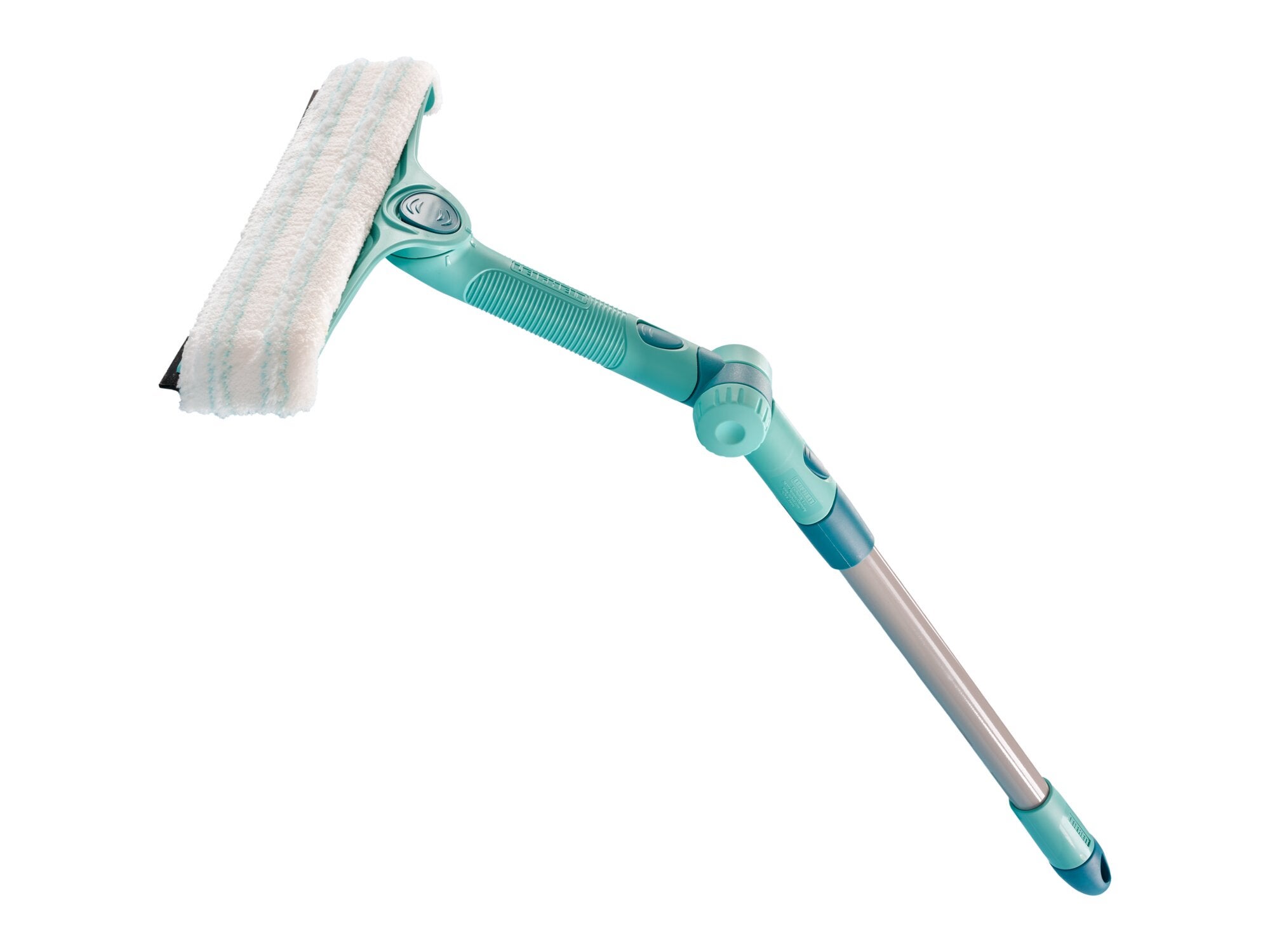 Fenster- und Rahmenreiniger 4in1 FlexReach von Leifheit. Ein türkisfarbener Reiniger mit verstellbarem Griff und weißem Reinigungspad, ideal für schwer erreichbare Stellen.