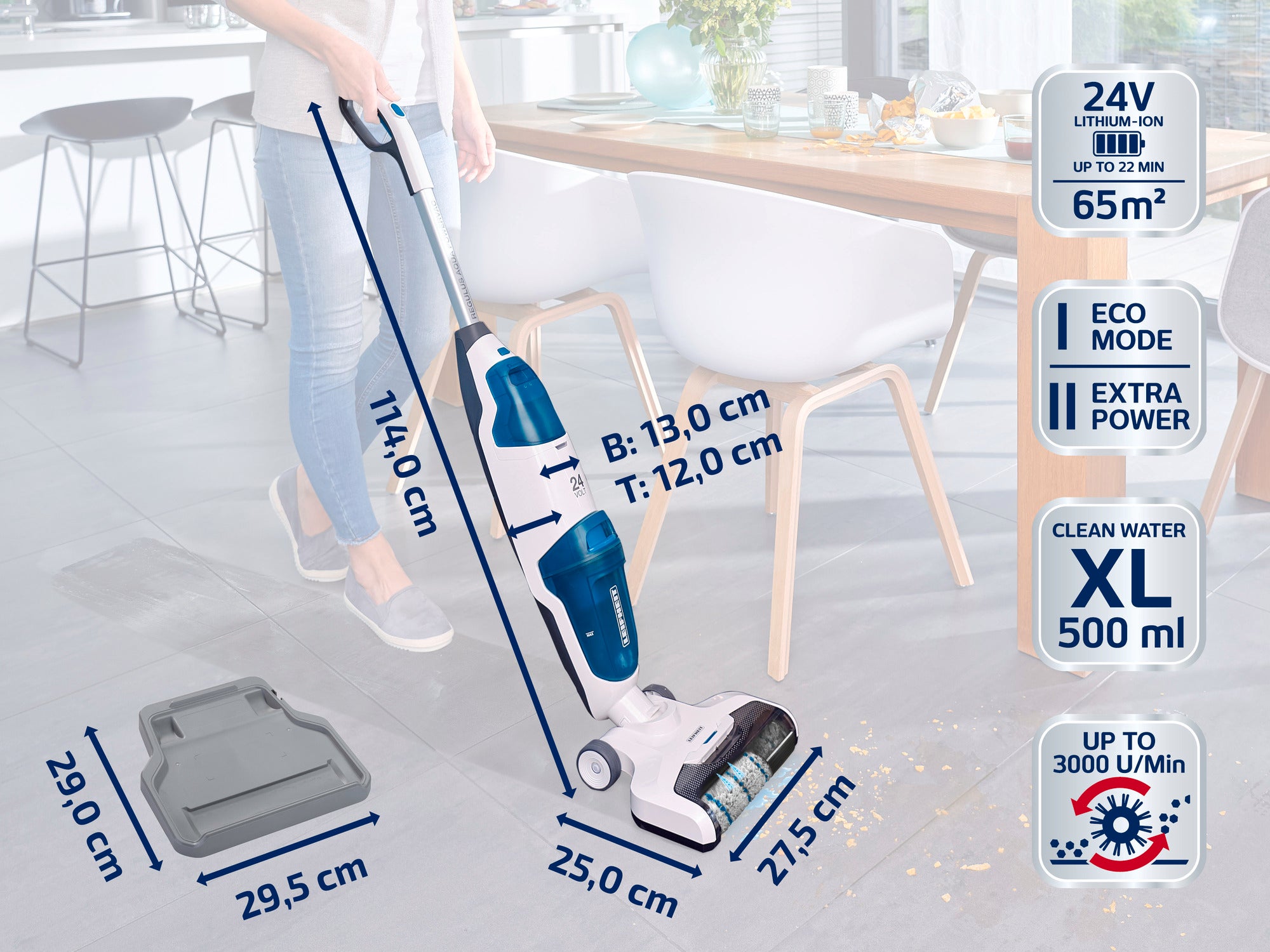 Ein kabelloser Staubsauger mit 24V Lithium-Ionen-Akku, geeignet für Flächen bis zu 65 m². Ausgestattet mit Eco-Modus, Extra Power und einem 500 ml Wassertank.