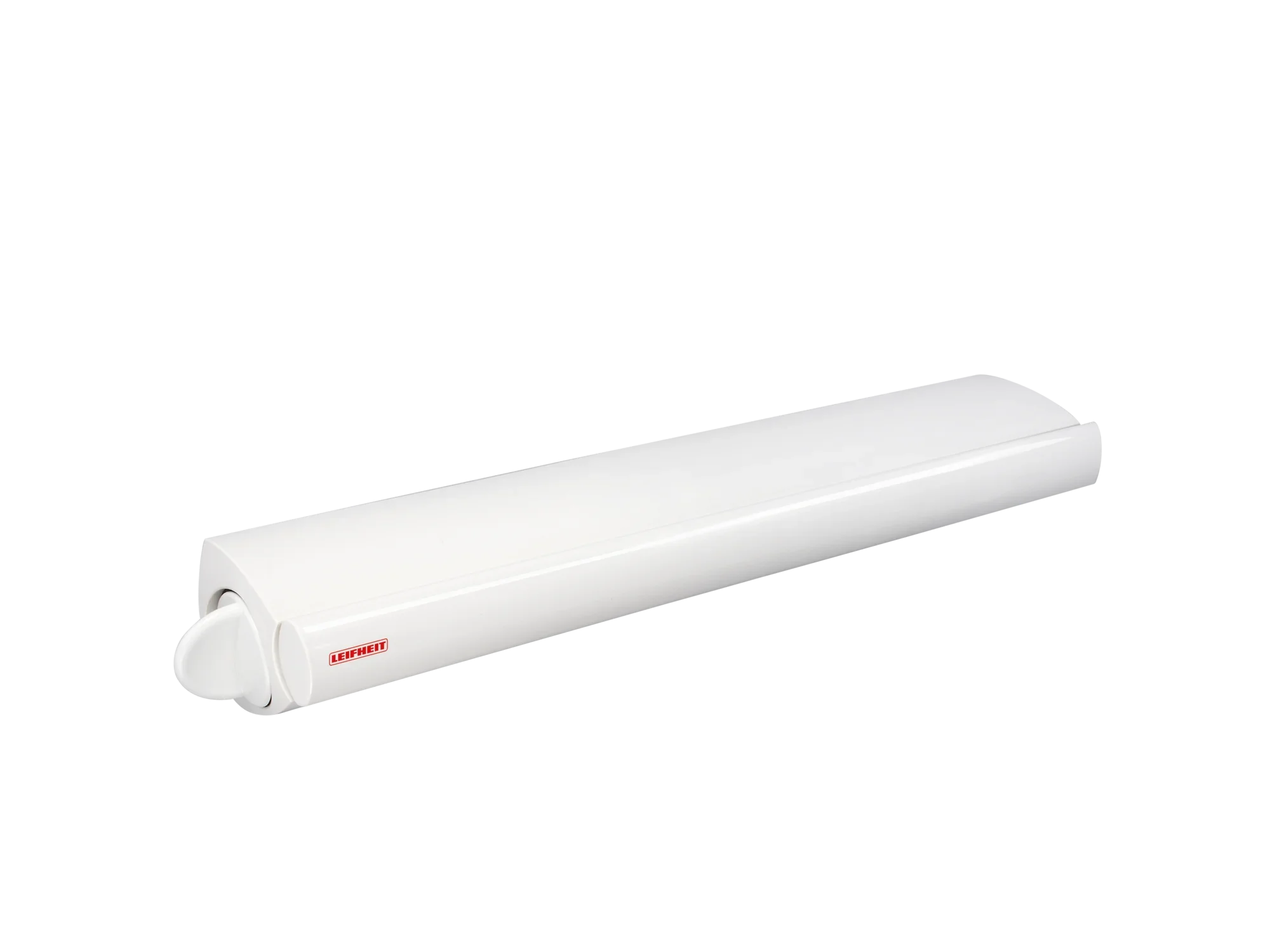 Een wit Rollfix 210 langlijnig droogrek van Leifheit, compact en ruimtebesparend. Ideaal voor kleine ruimtes en een praktische oplossing voor het drogen van kleding.