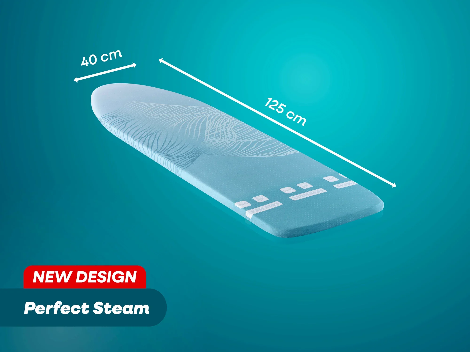 Bügeltischbezug Perfect Steam von Leifheit in neuem Design. Maße: 125 cm Länge und 40 cm Breite. Der Bezug ist in einem modernen, hellblauen Farbton gehalten.