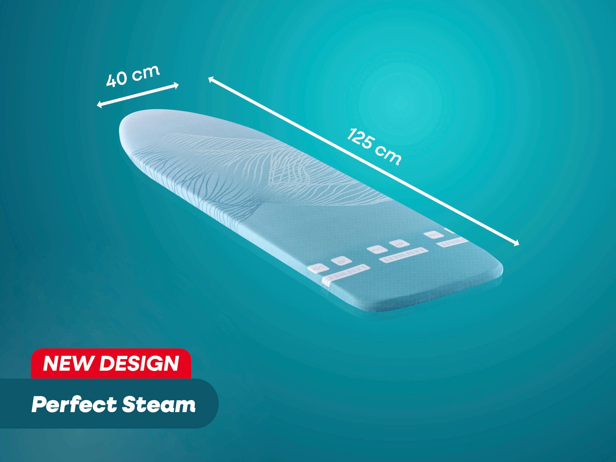 Bügeltischbezug Perfect Steam von Leifheit in neuem Design. Maße: 125 cm Länge und 40 cm Breite. Der Bezug ist in einem modernen, hellblauen Farbton gehalten.