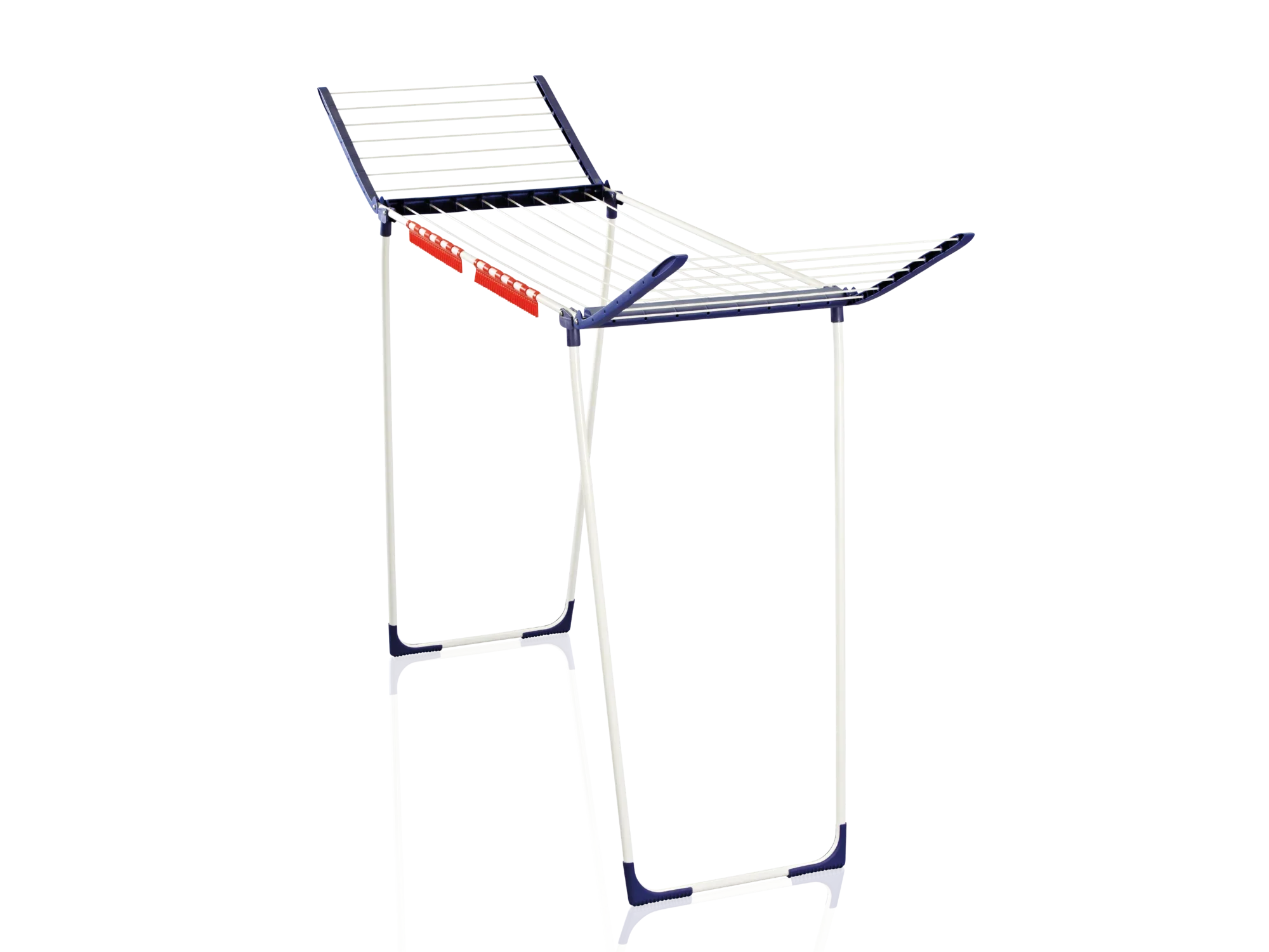 Ein blauer Standtrockner Pegasus Maxx mit ausklappbaren Flügeln. Ideal für das Trocknen von Wäsche im Innen- und Außenbereich. Robuste Konstruktion für Stabilität.
