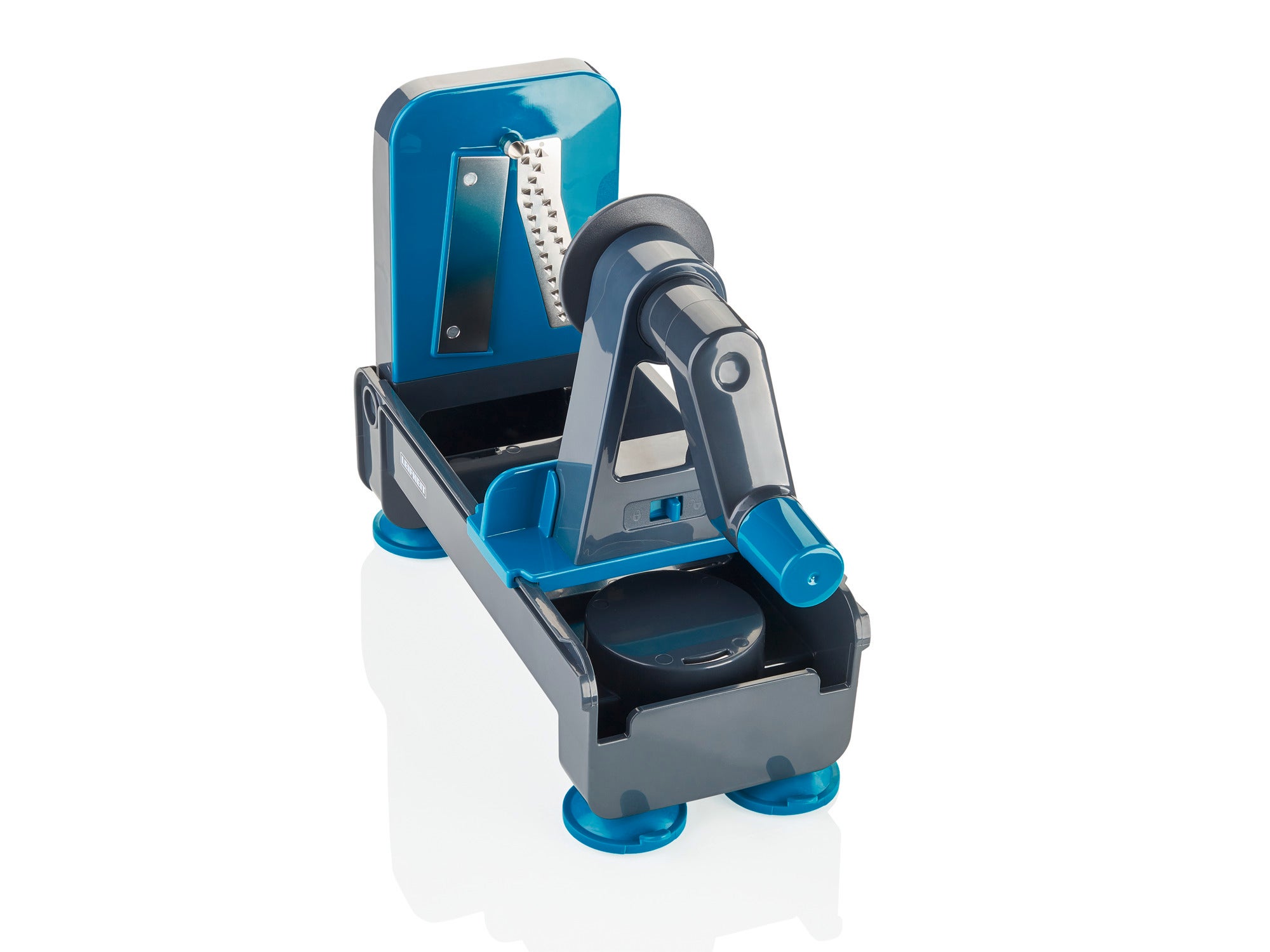 A modern table spiral slicer in blue and grey, ideal for cutting vegetables into spirals. The device has suction cups for a stable hold on the work surface.
