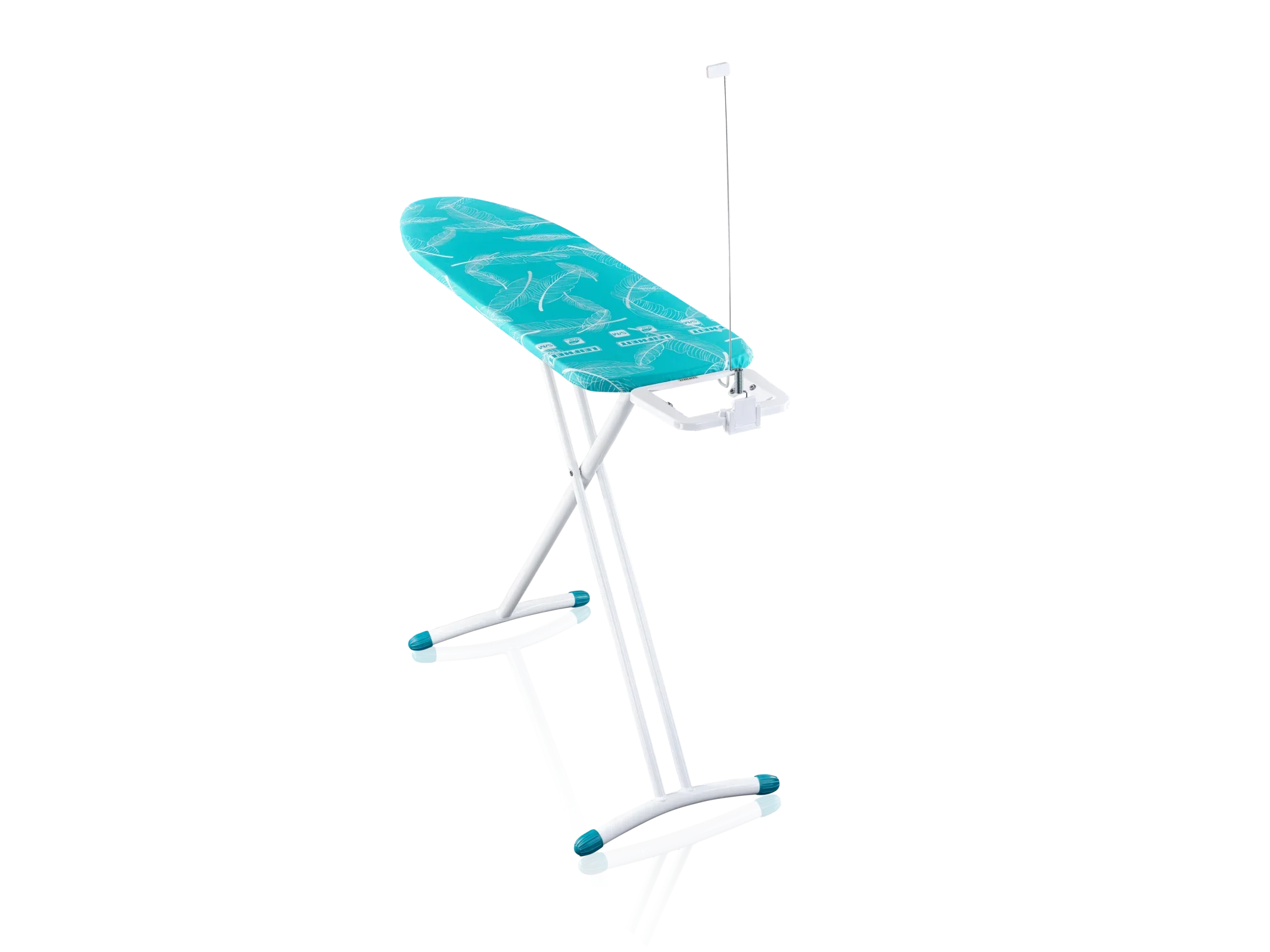 Leifheit Bügeltisch AirBoard M Solid in türkis mit stabilen, weißen Beinen und rutschfesten Füßen. Der Tisch hat eine Halterung für das Bügeleisen und ist leichtgewichtig.