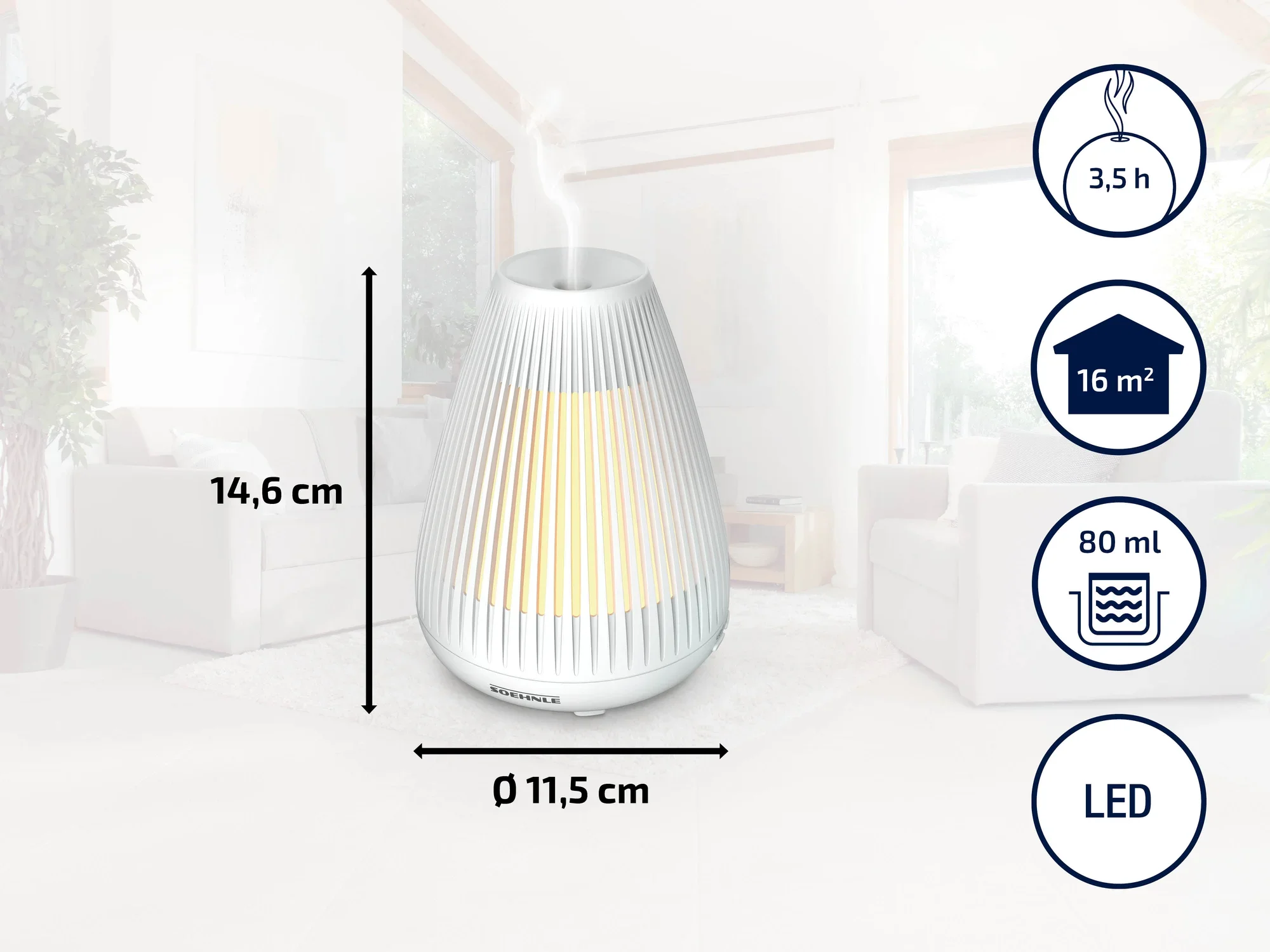 Un humidificateur élégant avec éclairage LED, adapté aux pièces jusqu'à 16 m². Il a une autonomie de 3,5 heures et une capacité de 80 ml. Dimensions : 14,6 cm de haut, 11,5 cm de diamètre.