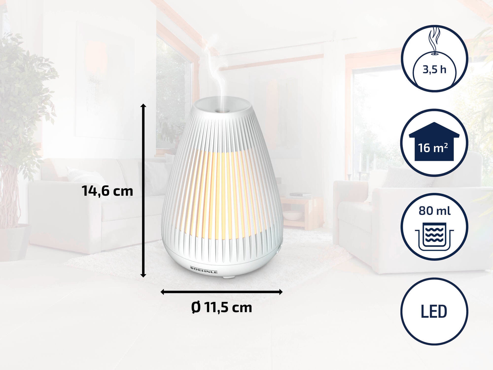 Elegancki nawilżacz z oświetleniem LED, odpowiedni do pomieszczeń o powierzchni do 16 m². Czas pracy wynosi 3,5 godziny, a pojemność 80 ml. Wymiary: wysokość 14,6 cm, średnica 11,5 cm.