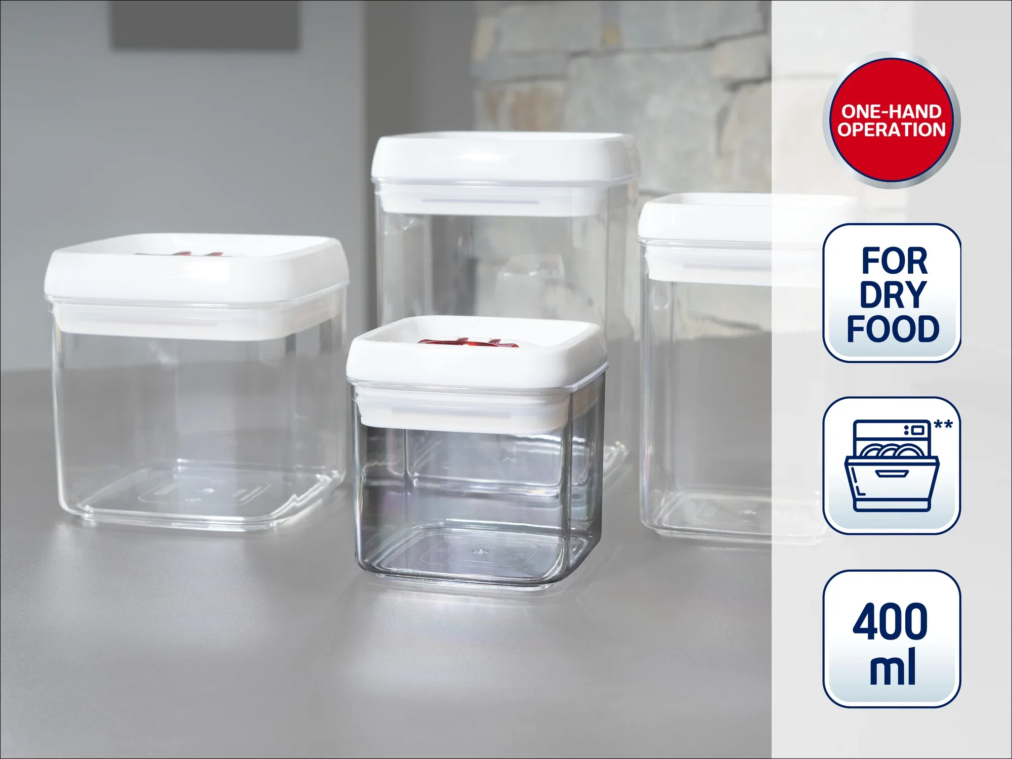 Four transparent storage containers with white lids, ideal for dry food. One container holds 400 ml. Easy one-handed operation, dishwasher safe.