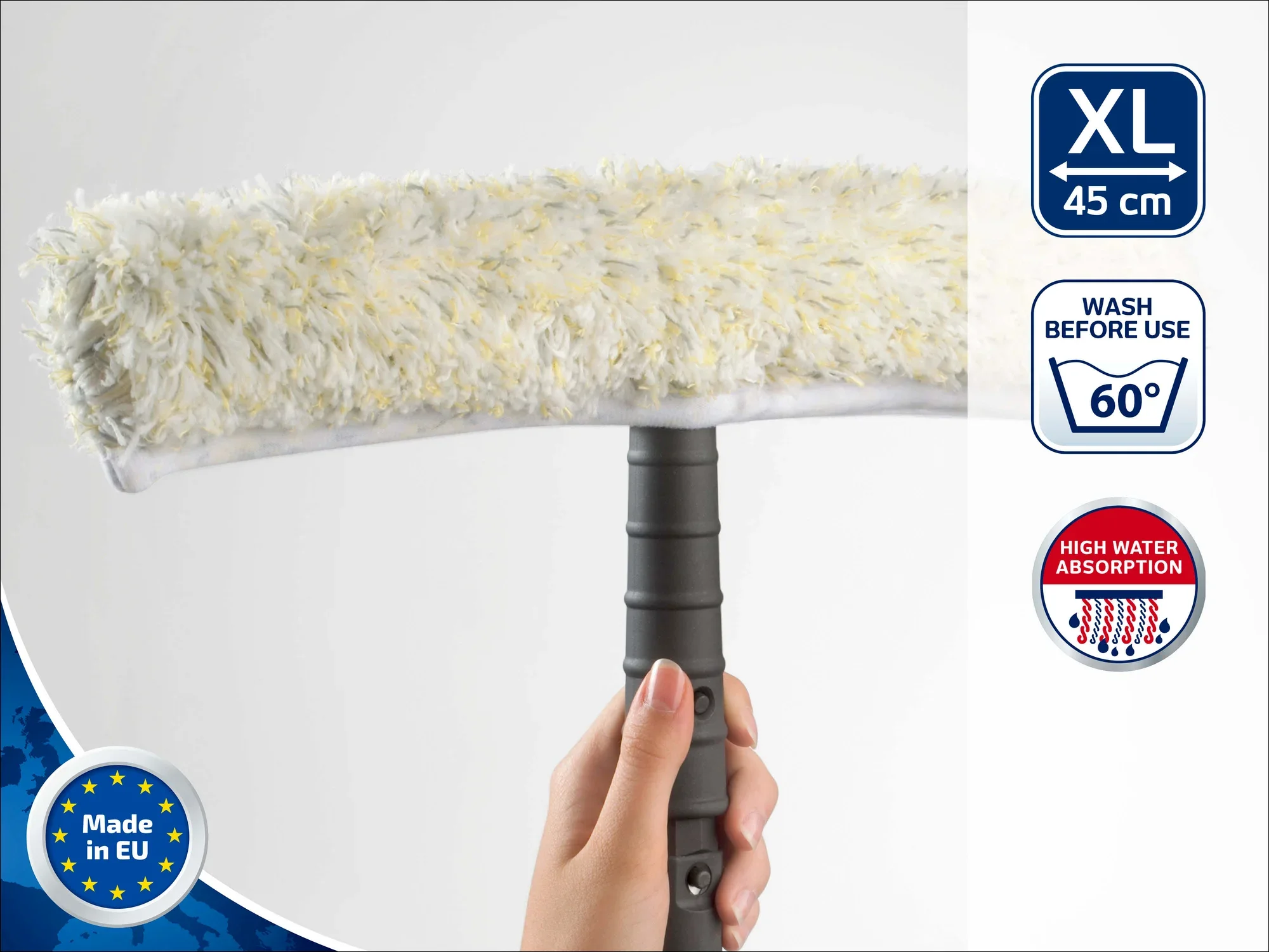 Leifheit Professional Einwascher 45 cm: Ein Handgerät mit einem breiten, flauschigen Reinigungskopf. Ideal für große Flächen. Waschbar bei 60°C. Hergestellt in der EU.