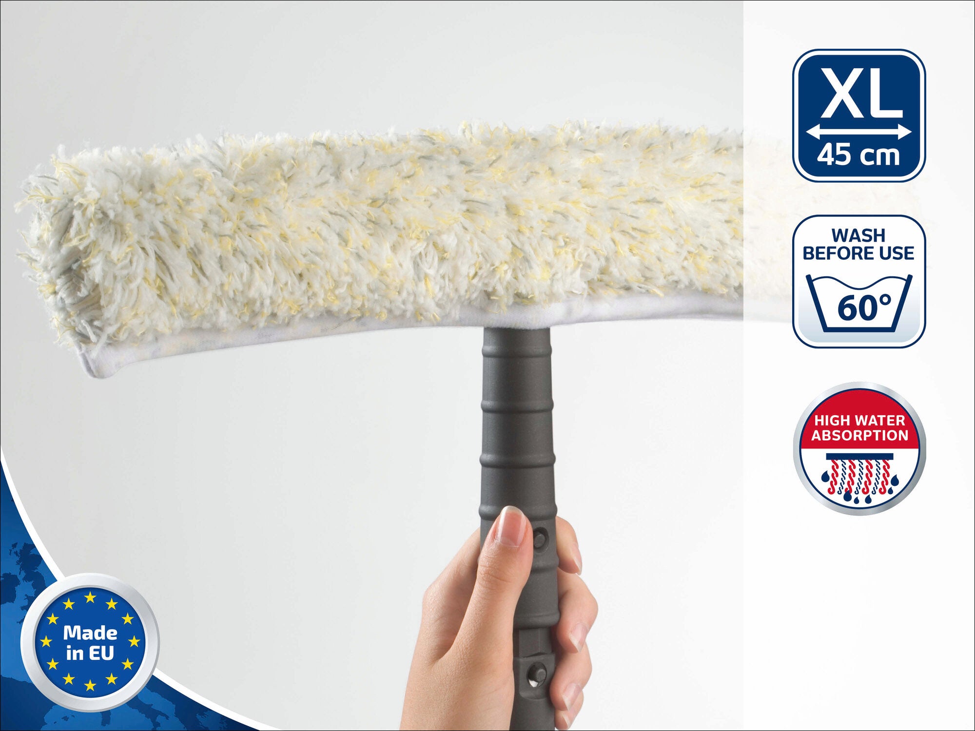 Leifheit Professional Einwascher 45 cm: Ein Handgerät mit einem breiten, flauschigen Reinigungskopf. Ideal für große Flächen. Waschbar bei 60°C. Hergestellt in der EU.