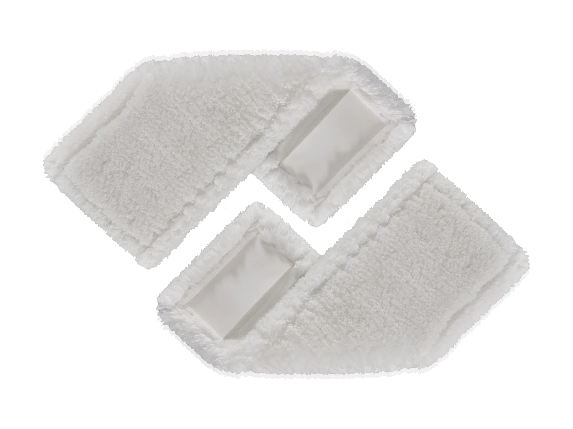 Dwie białe nakładki na mopa SUPERDUSTER Floor M w zestawie 2 sztuk. Nakładki są puszyste i prostokątne, idealne do dokładnego czyszczenia podłóg.