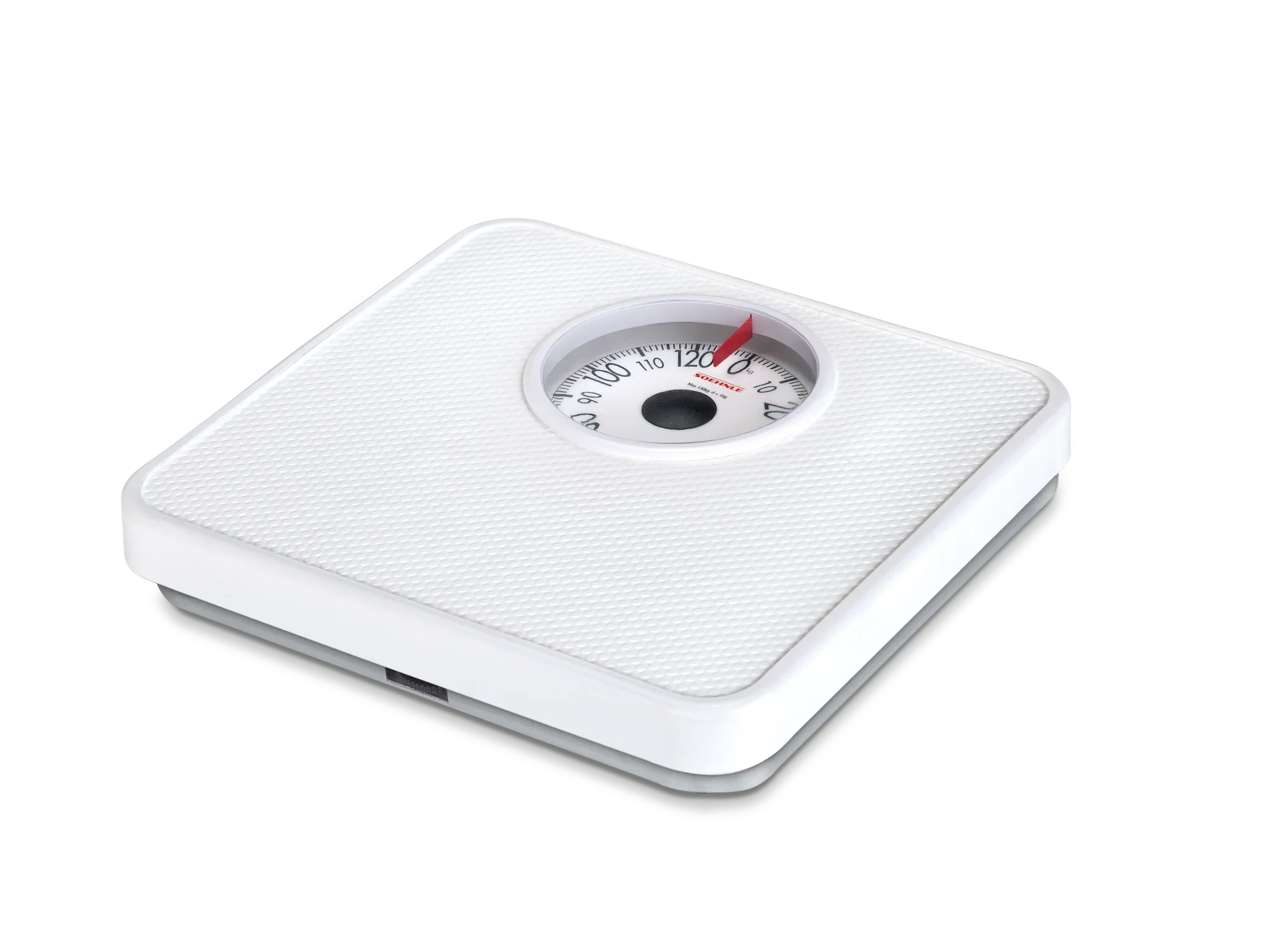 Biała cyfrowa waga łazienkowa z analogową tarczą i czerwonym wskaźnikiem. Powierzchnia jest teksturowana, a konstrukcja elegancka i nowoczesna, idealna do każdej łazienki.