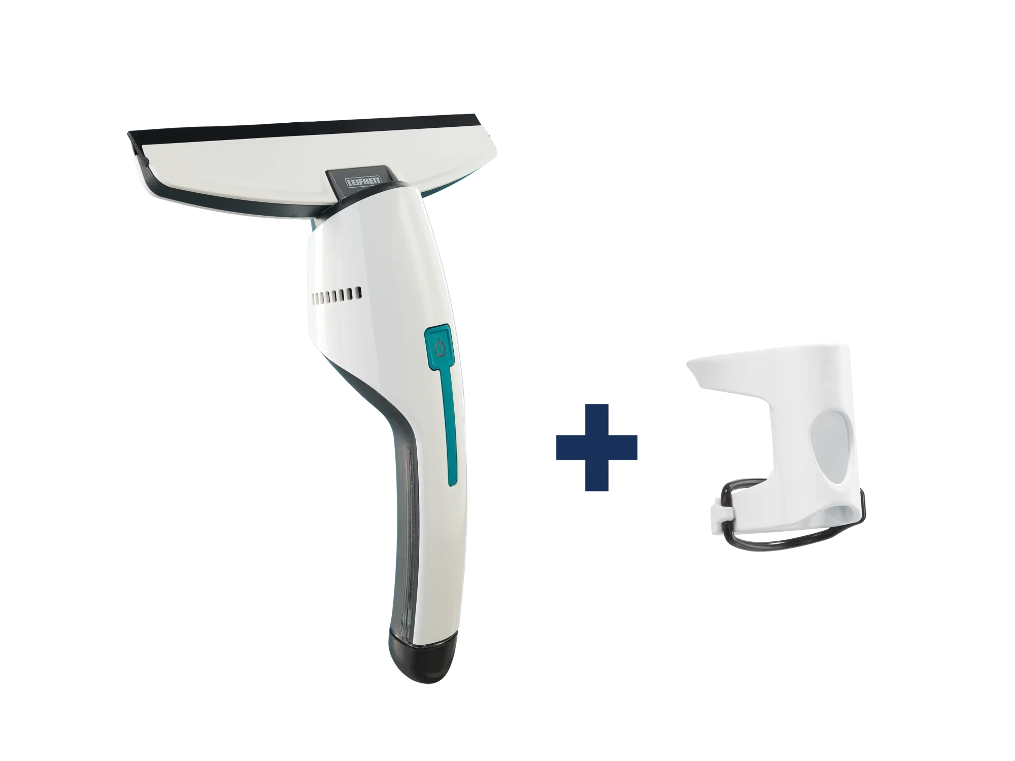 Nemo Click raam- en badkamerstofzuiger met accessoires. De afbeelding toont een witte, ergonomische stofzuiger met blauw accent en bijpassende houder. Ideaal voor streeploos schoonmaken.