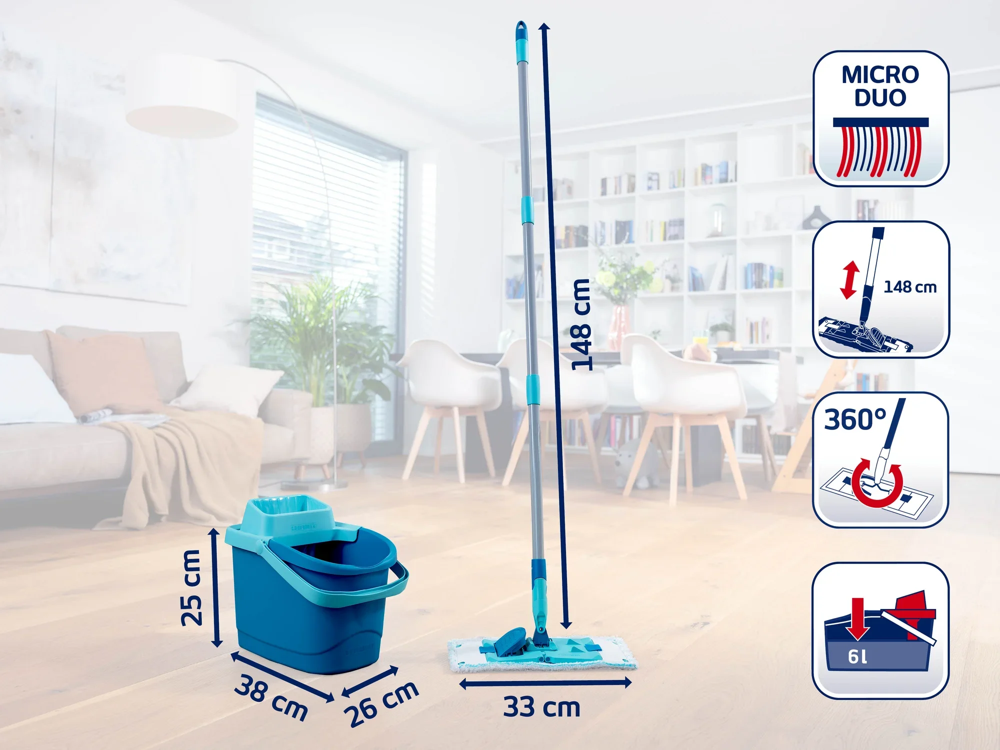 Un kit de nettoyage pour sols avec un manche de 148 cm de long et une tête de nettoyage de 33 cm de large. Comprend un seau de 6 litres avec fonction de rotation à 360°. Idéal pour un nettoyage efficace de grandes surfaces.