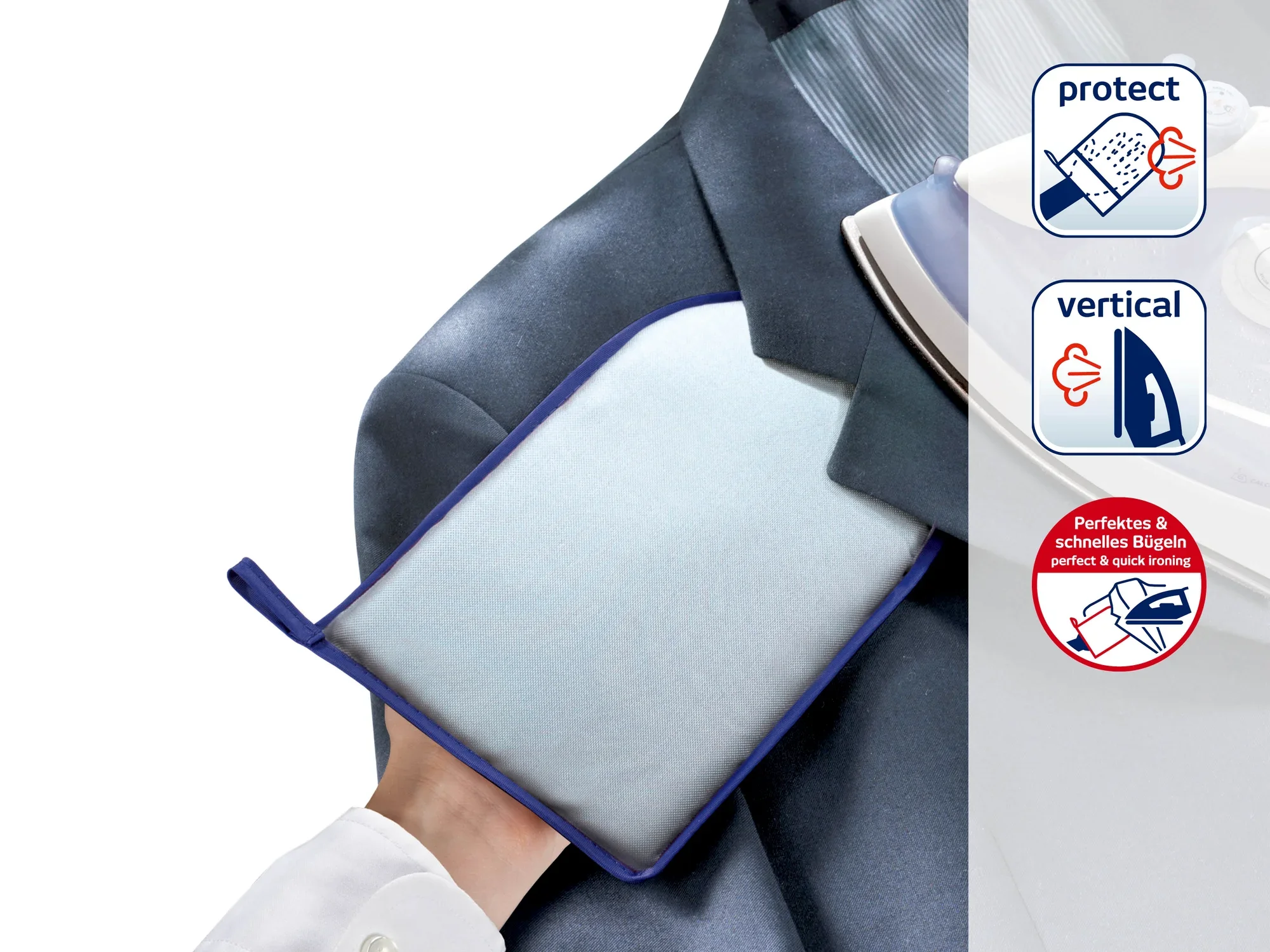 Un accessoire de repassage utilisé sur un costume pour faciliter le repassage. Le produit protège le tissu et permet un repassage vertical. Parfait pour un lissage rapide et en douceur.