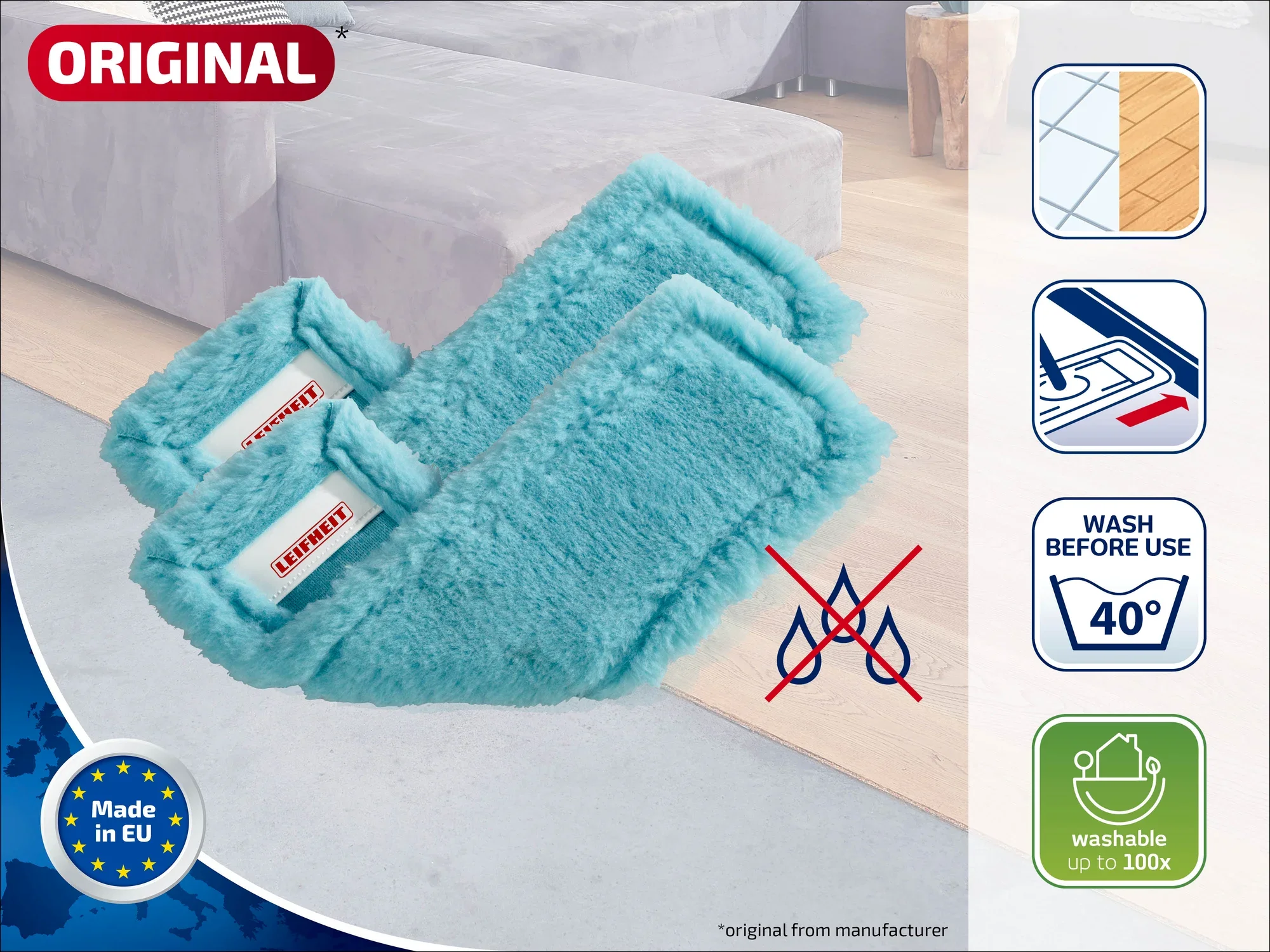 Ein Paar blaue, flauschige Reinigungspads für den Bodenwischer, geeignet für die Maschinenwäsche bei 40 Grad. Hergestellt in der EU, langlebig und bis zu 100 Mal waschbar.