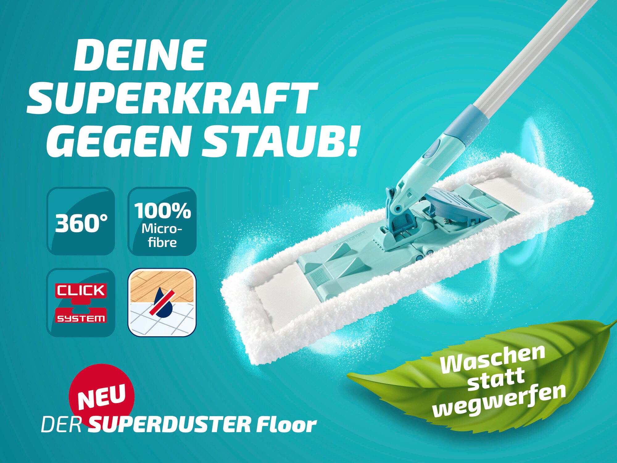 Der Leifheit Superduster Floor ist ein innovativer Staubwischer mit 360-Grad-Drehgelenk und 100% Mikrofaser. Er ist Teil des Click-Systems und ermöglicht einfaches Waschen statt Wegwerfen.