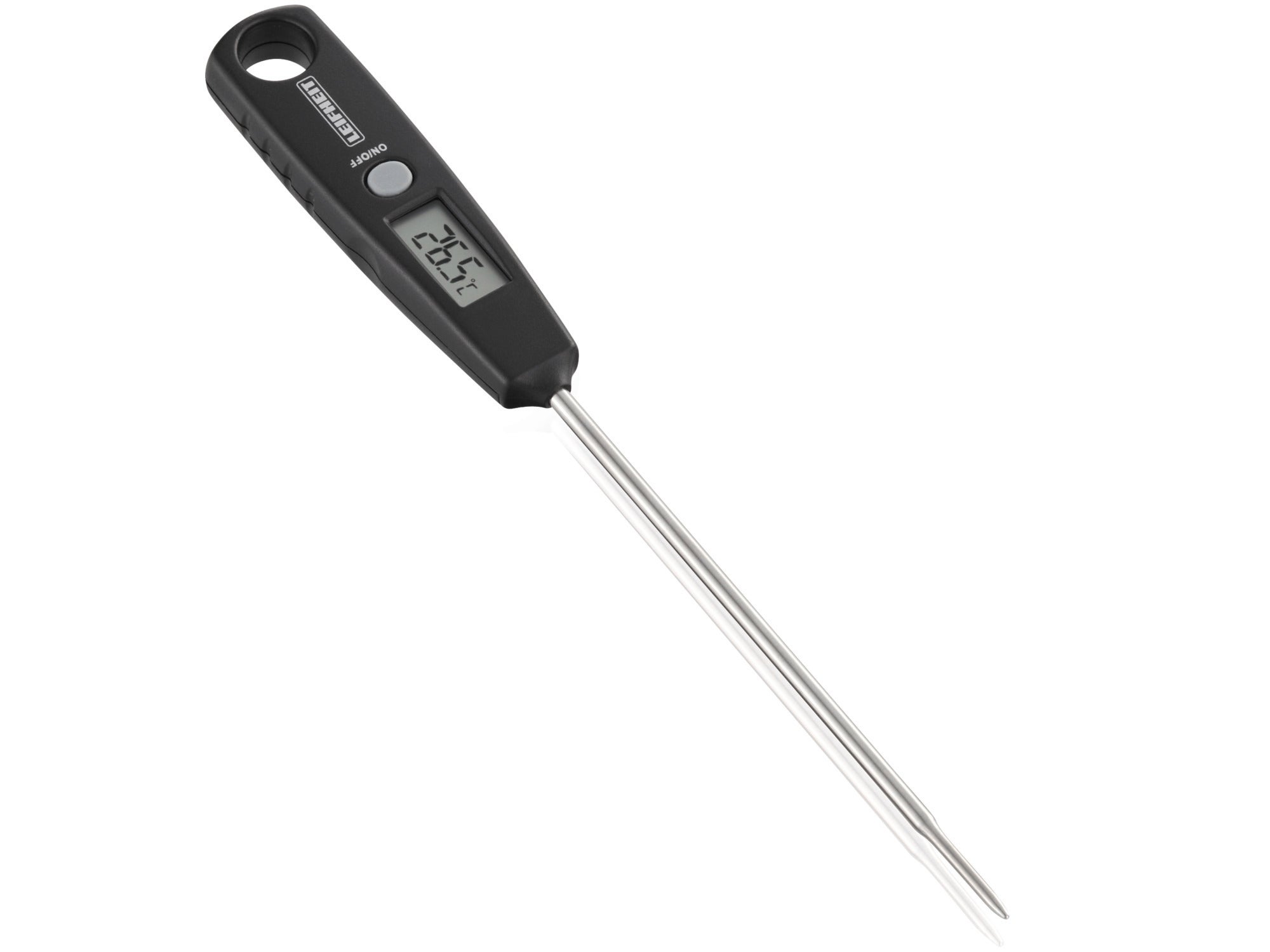 Digitales Universalthermometer mit schwarzem Griff und langem Metallfühler. Das Display zeigt die Temperatur an. Ideal für präzise Messungen in Küche oder Labor.