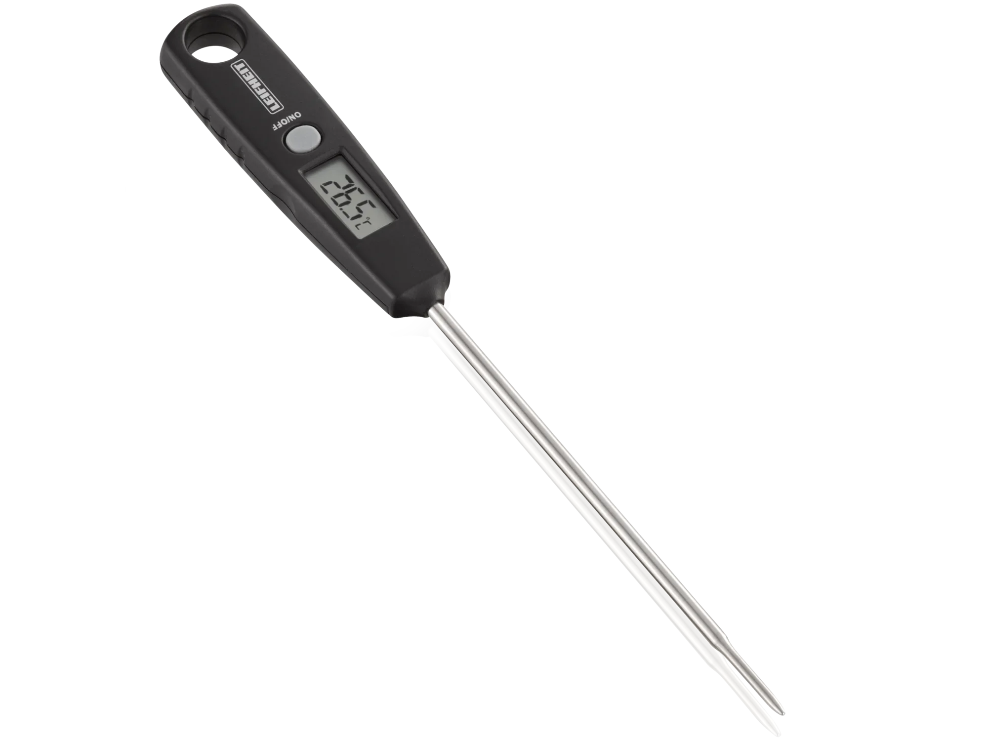 Digitales Universalthermometer mit schwarzem Griff und langem Metallfühler. Das Display zeigt die Temperatur an. Ideal für präzise Messungen in Küche oder Labor.