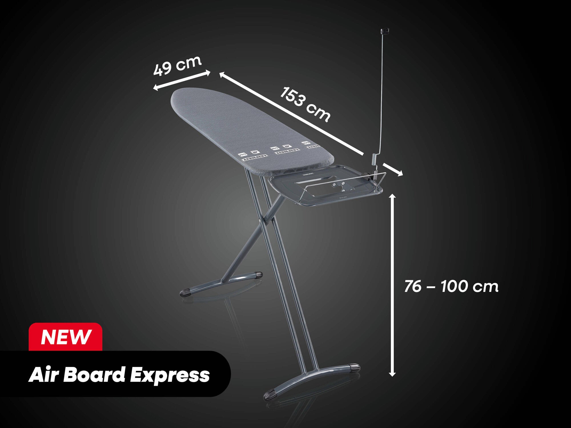 Bügeltisch Air Board Express von Leifheit in Schwarz. Maße: 49 cm Breite, 153 cm Länge, höhenverstellbar von 76 bis 100 cm. Stabiler Standfuß und integrierte Ablage.