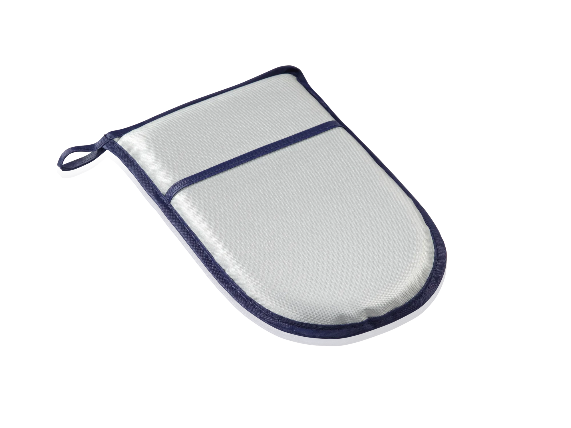 Een witte strijkhandschoen met een blauwe rand ligt op een wit oppervlak. De handschoen heeft een praktische lus om op te hangen en is ideaal voor het strijken van delicate stoffen.