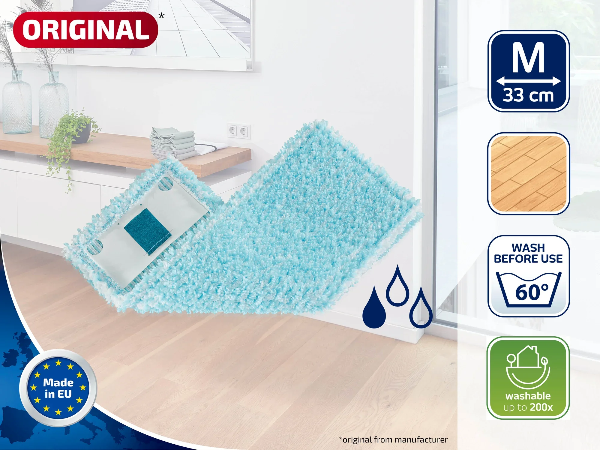 Imagen de una mopa azul, adecuada para limpiar suelos. La mopa mide 33 cm y es lavable a 60 grados. Fabricada en la UE, lavable hasta 200 veces.