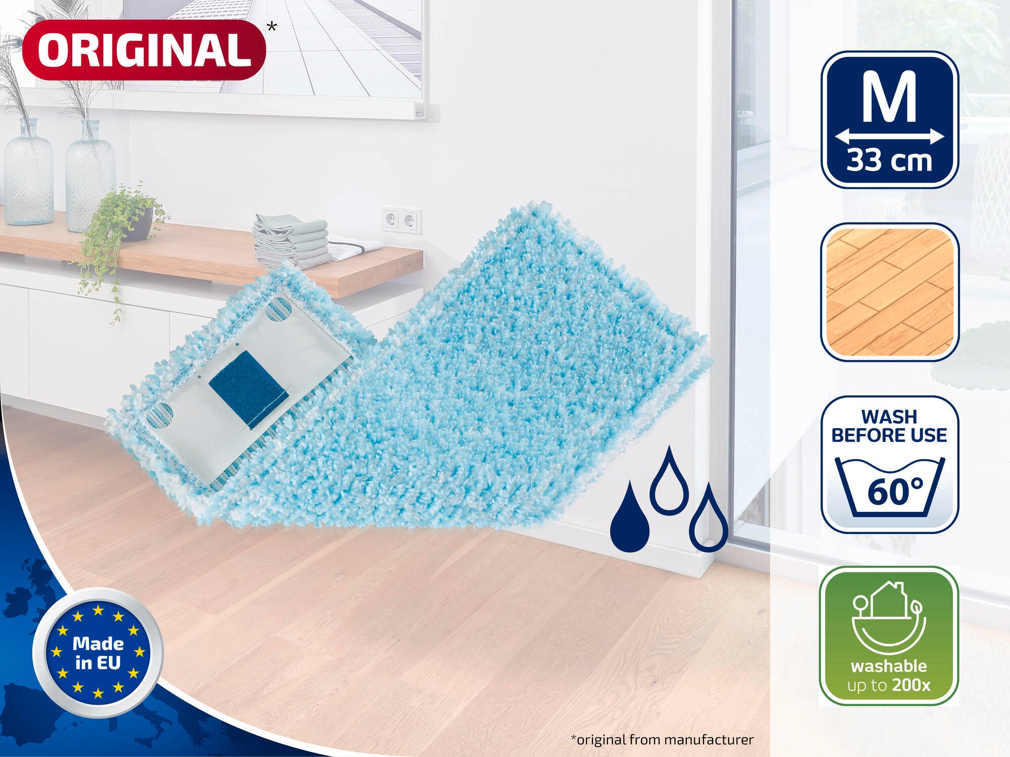 Afbeelding van een blauwe dweil, geschikt voor het schoonmaken van vloeren. De mop is 33 cm hoog en wasbaar tot 60 graden. Gemaakt in de EU, wasbaar tot 200 keer.