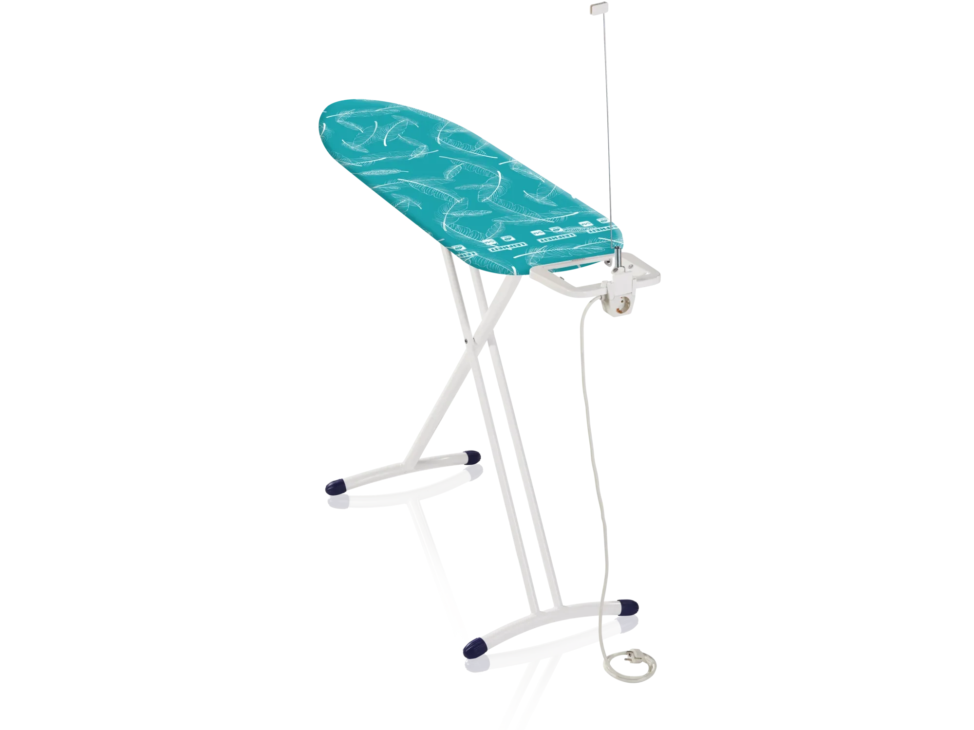 Deska do prasowania Air Board M Solid Plus NF o nowoczesnym designie. Stół ma powierzchnię do prasowania w kolorze turkusowym z białym wzorem i solidną białą ramę. Idealny do wydajnego prasowania.