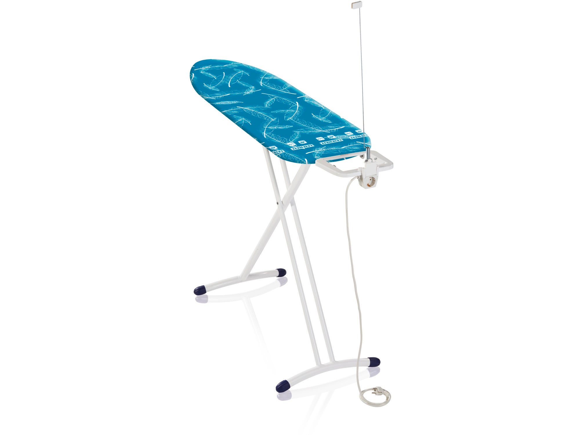 Deska do prasowania Air Board M Solid Plus NF o nowoczesnym designie. Stół ma powierzchnię do prasowania w kolorze turkusowym z białym wzorem i solidną białą ramę. Idealny do wydajnego prasowania.