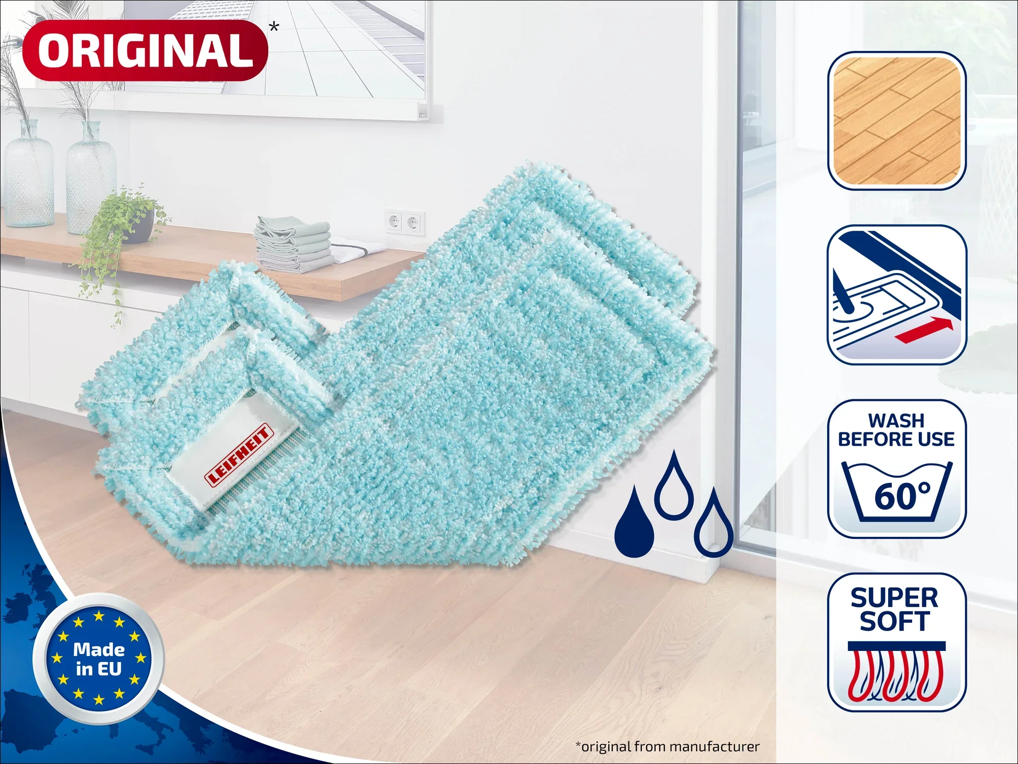 Bild eines blauen Wischmopps von Leifheit, geeignet für die Reinigung von Holzböden. Der Mop ist waschbar bei 60 Grad und besonders weich. Hergestellt in der EU.