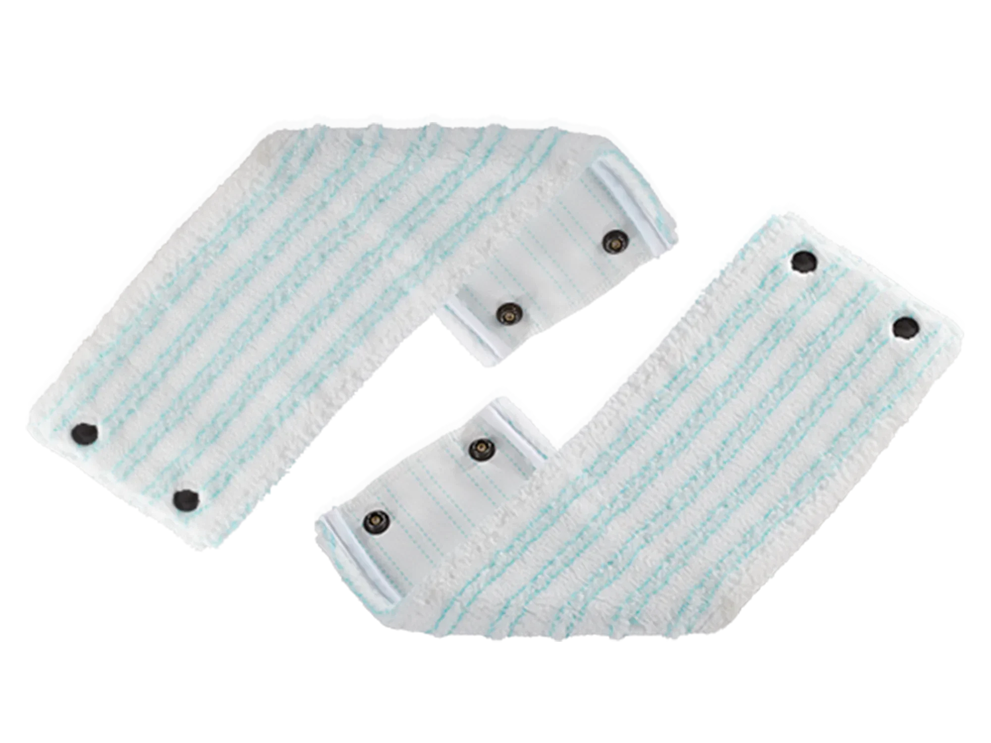 Dwie nakładki z mikrofibry, odpowiednie do systemu CLEAN TWIST Combi M. Są białe z niebieskimi paskami i mają zatrzaski ułatwiające mocowanie. Idealne do dokładnego czyszczenia.