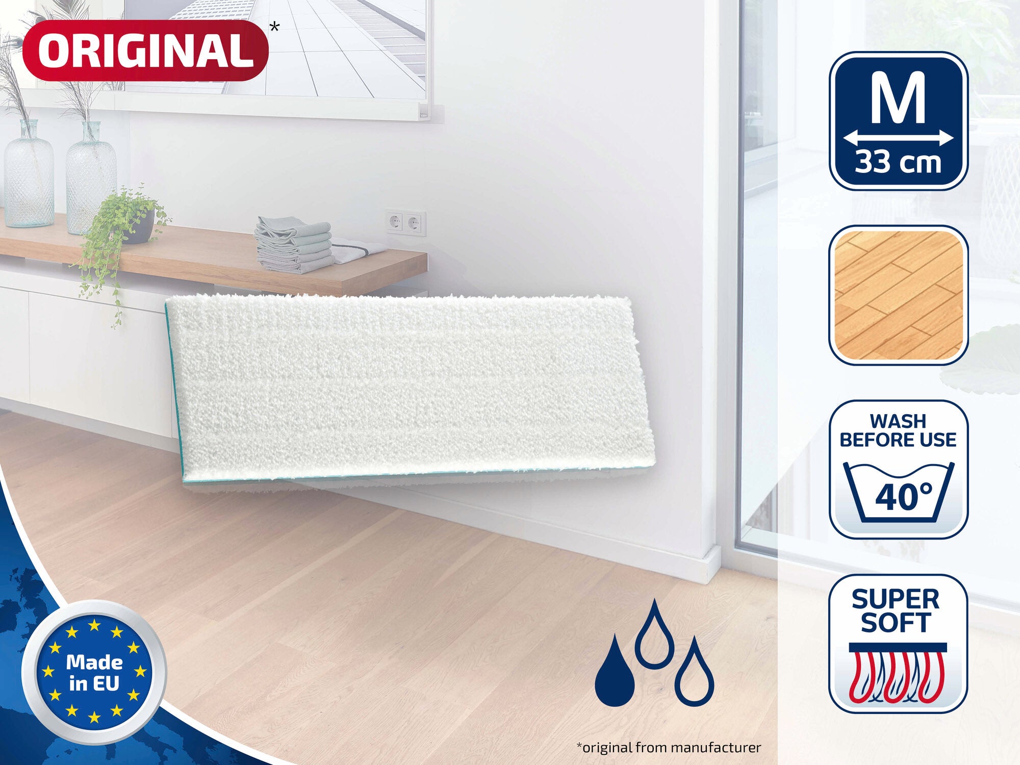Wischpad Picobello M super soft von Leifheit, geeignet für empfindliche Böden. Maße: 33 cm. Waschbar bei 40 Grad. Hergestellt in der EU. Superweiche Textur für schonende Reinigung.