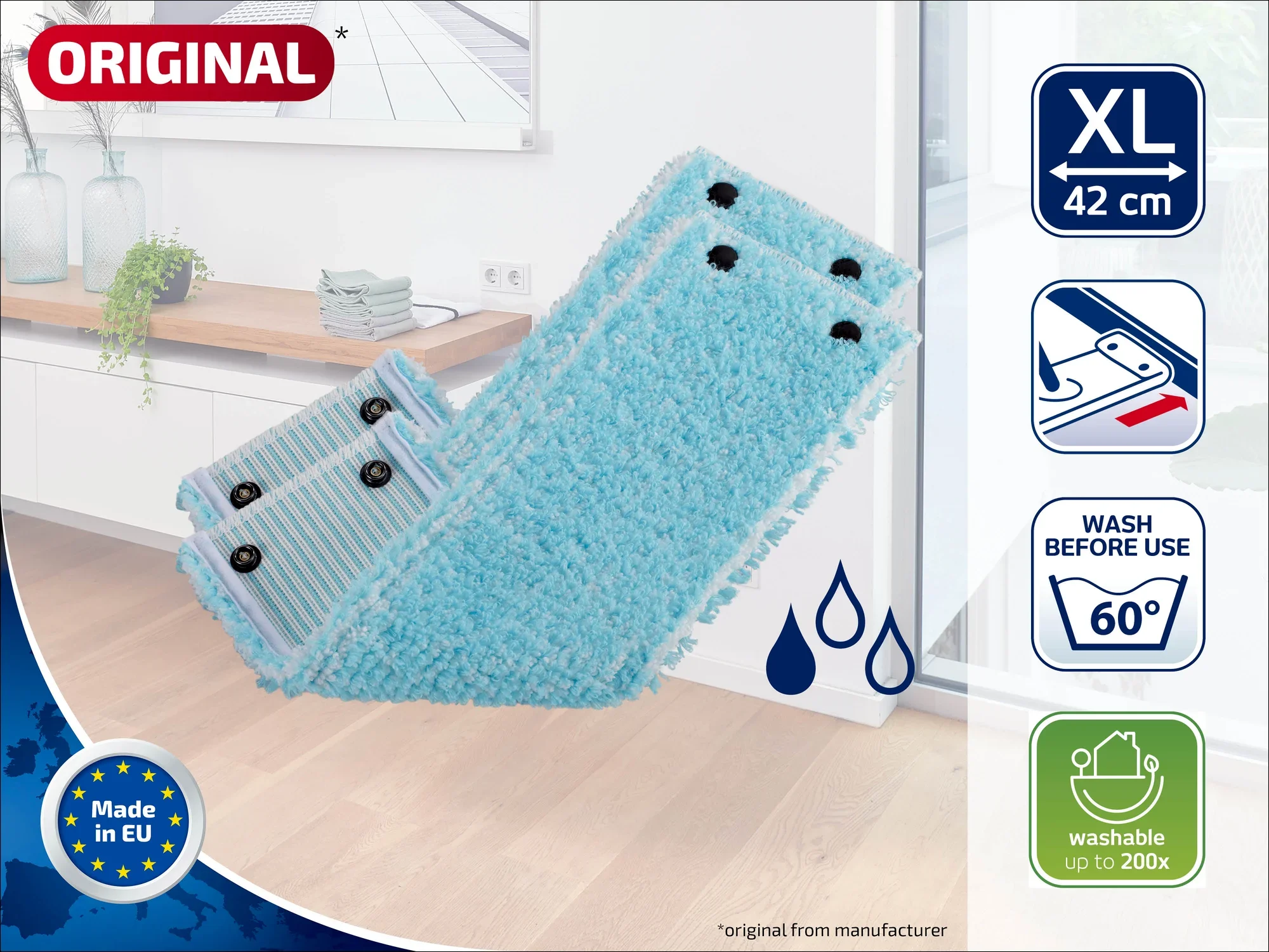 Zdjęcie przedstawia wymienną nakładkę 55164 do mopa podłogowego XL. Pokrowiec ma 42 cm szerokości, można go prać w temperaturze do 60 stopni i używać do 200 razy. Wyprodukowano w UE.