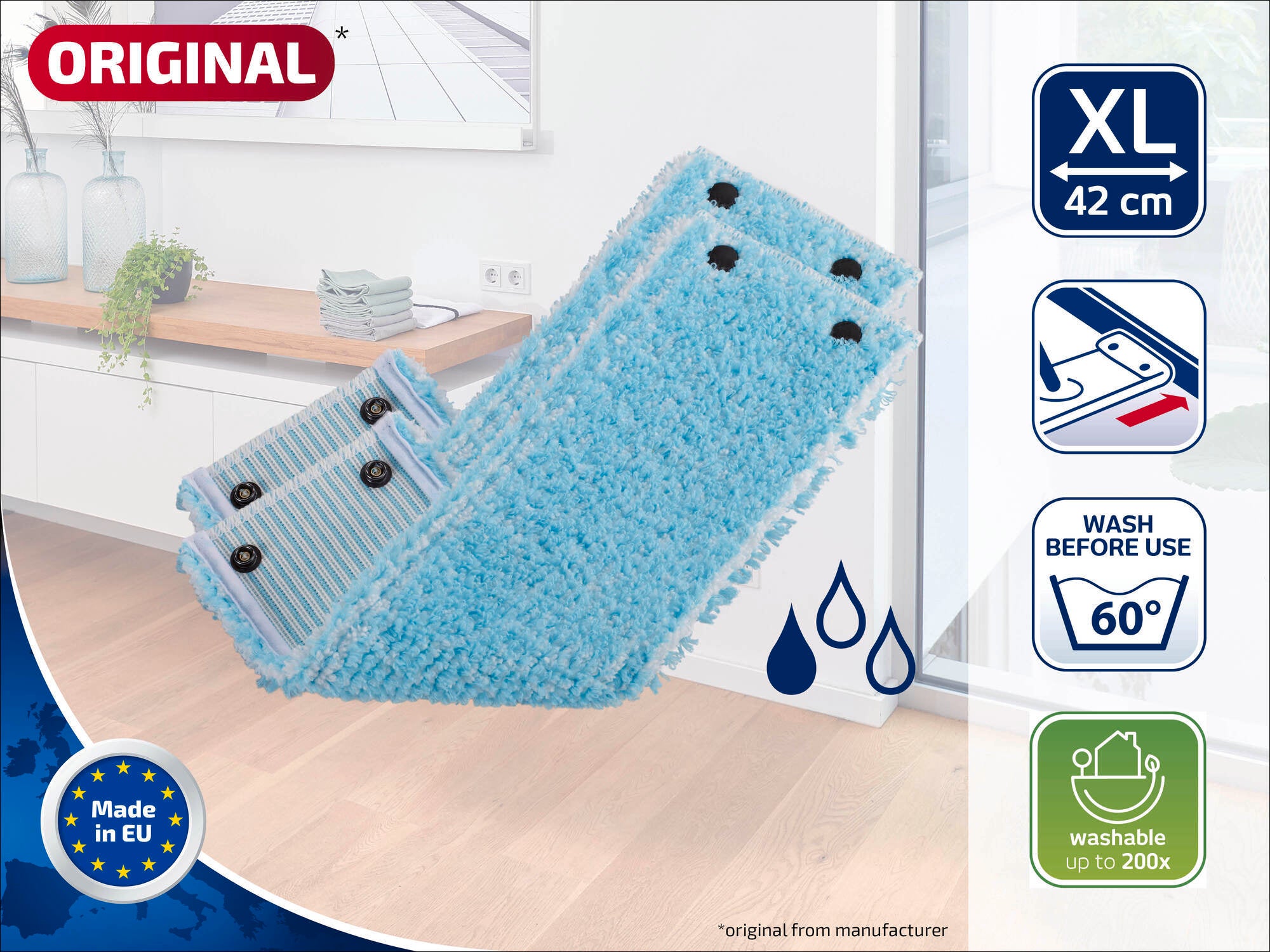 Zdjęcie przedstawia wymienną nakładkę 55164 do mopa podłogowego XL. Pokrowiec ma 42 cm szerokości, można go prać w temperaturze do 60 stopni i używać do 200 razy. Wyprodukowano w UE.