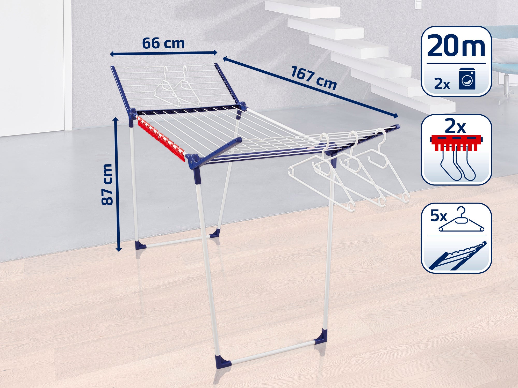 Ein Standtrockner mit einer Länge von 167 cm, einer Breite von 66 cm und einer Höhe von 87 cm. Er bietet 20 Meter Trockenlänge, Platz für zwei Waschmaschinenladungen und enthält fünf Kleiderbügel.