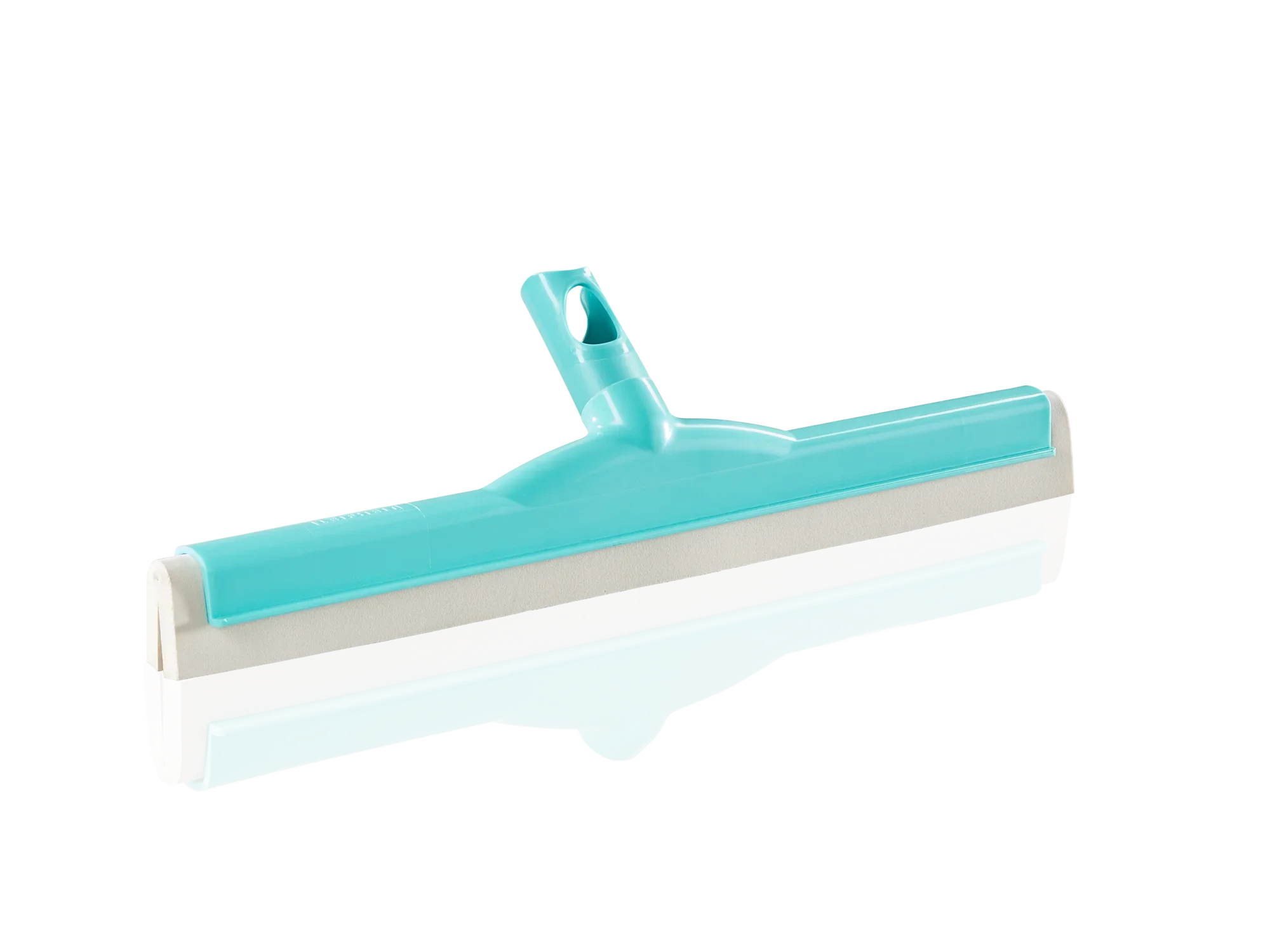 Een turkooiskleurige waterschraper met een witte rubberen lip rust op een reflecterend oppervlak. Het handvat bevindt zich in het midden voor eenvoudig gebruik.