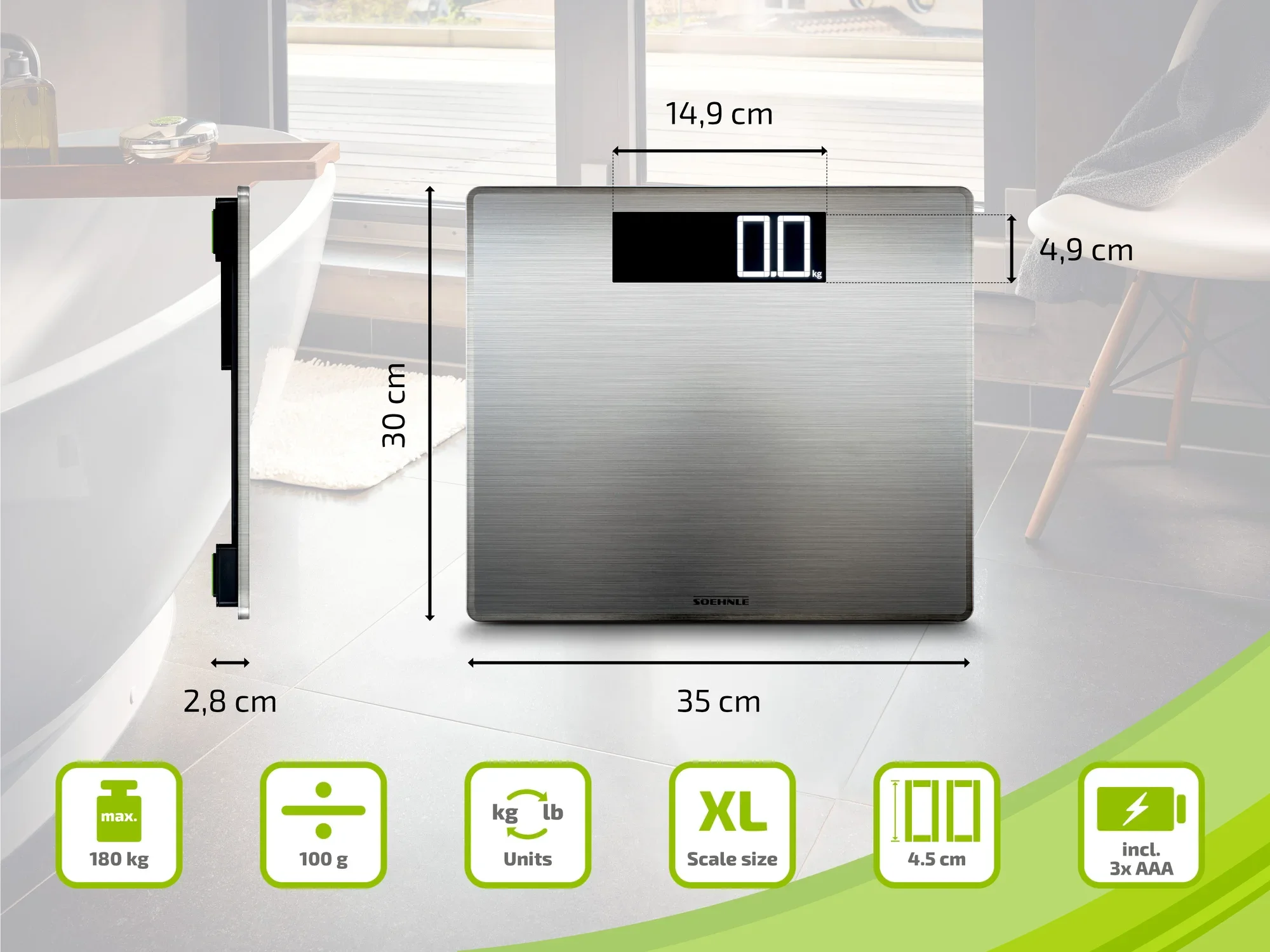 Cyfrowa waga łazienkowa o nowoczesnym designie z powierzchnią ze stali nierdzewnej. Wymiary wyświetlacza: szerokość 35 cm, wysokość 30 cm, głębokość 2,8 cm. Udźwig do 180 kg, precyzyjny pomiar w kg lub funtach. 3 baterie AAA w zestawie.