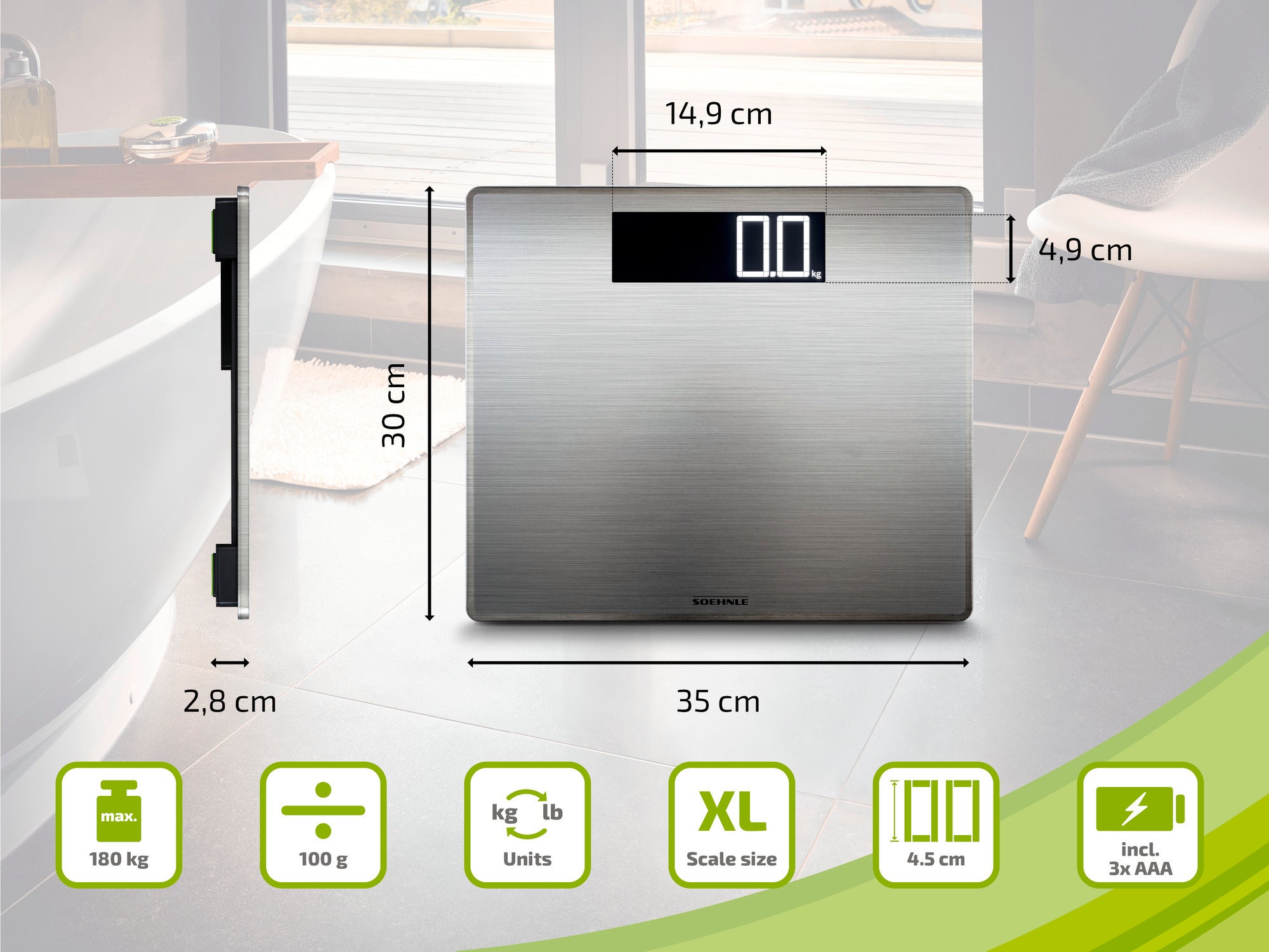 Digital bathroom scale in a modern design with a stainless steel surface. Dimensions: 35 cm wide, 30 cm high, 2.8 cm deep. Load capacity up to 180 kg, precise measurement in kg or lb. Includes 3 AAA batteries.
