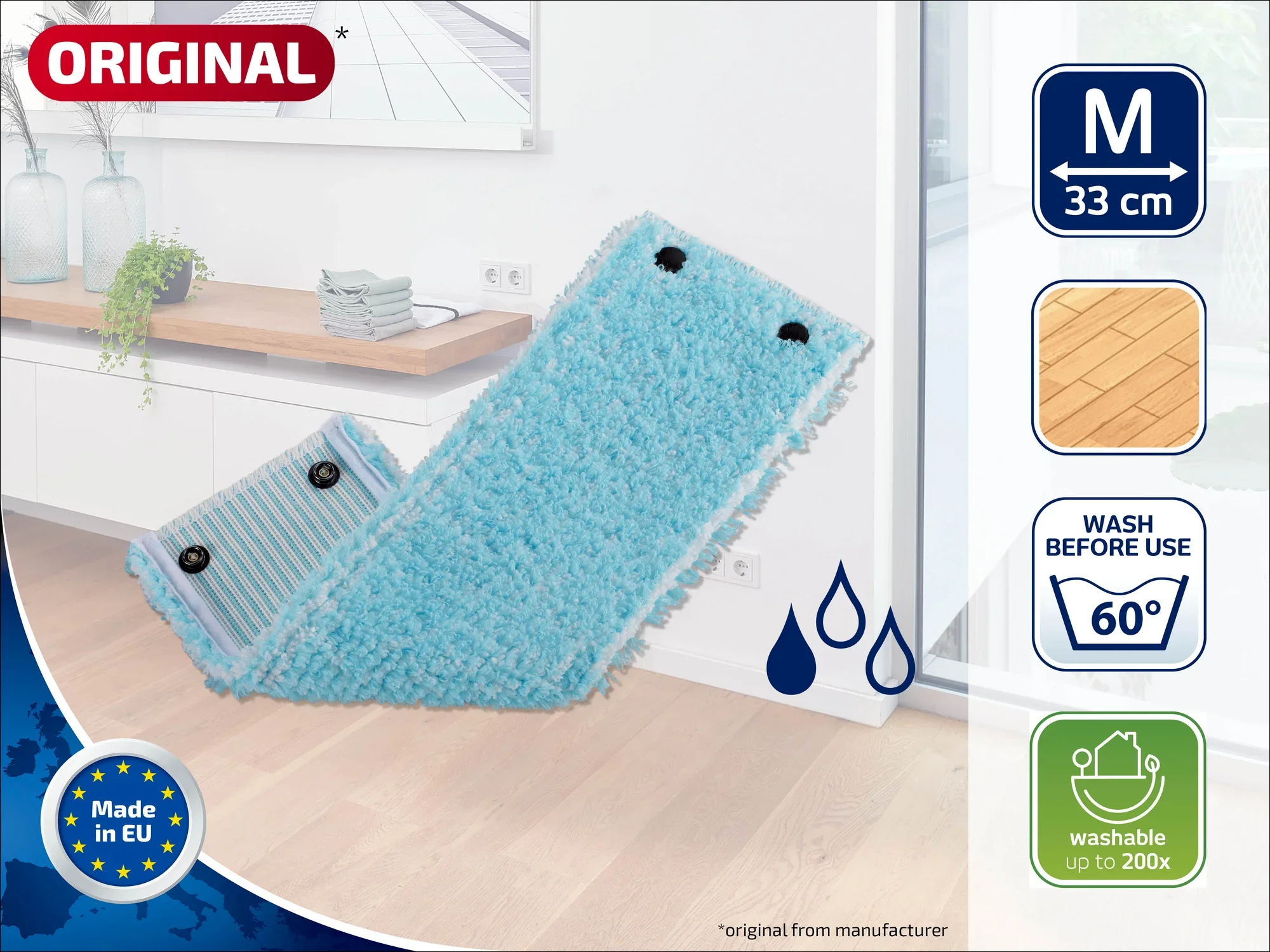 Ein blauer Wischmopp-Aufsatz, geeignet für Böden bis 33 cm Breite. Waschbar bis 60 Grad und bis zu 200 Mal wiederverwendbar. Hergestellt in der EU.