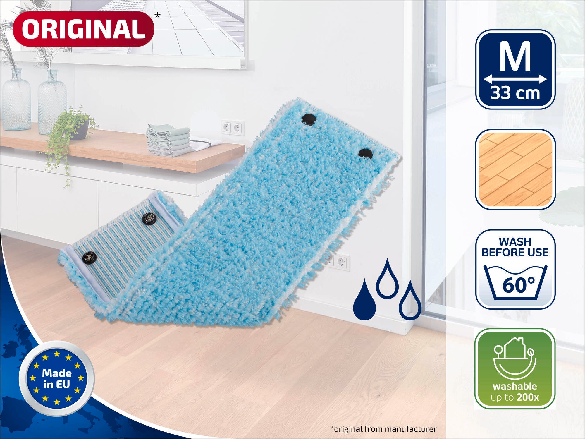 Ein blauer Wischmopp-Aufsatz, geeignet für Böden bis 33 cm Breite. Waschbar bis 60 Grad und bis zu 200 Mal wiederverwendbar. Hergestellt in der EU.