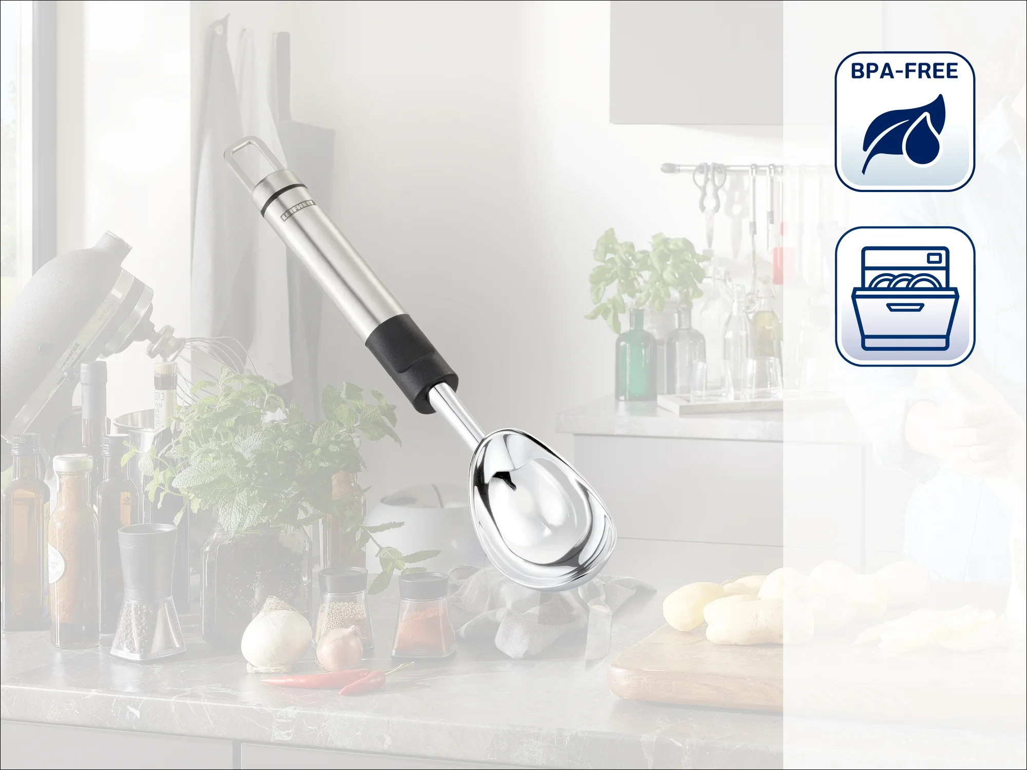 Cuillère à glace en acier inoxydable avec manche ergonomique, idéale pour former des boules régulières. Lavable au lave-vaisselle et sans BPA, parfaite pour un usage quotidien dans la cuisine.